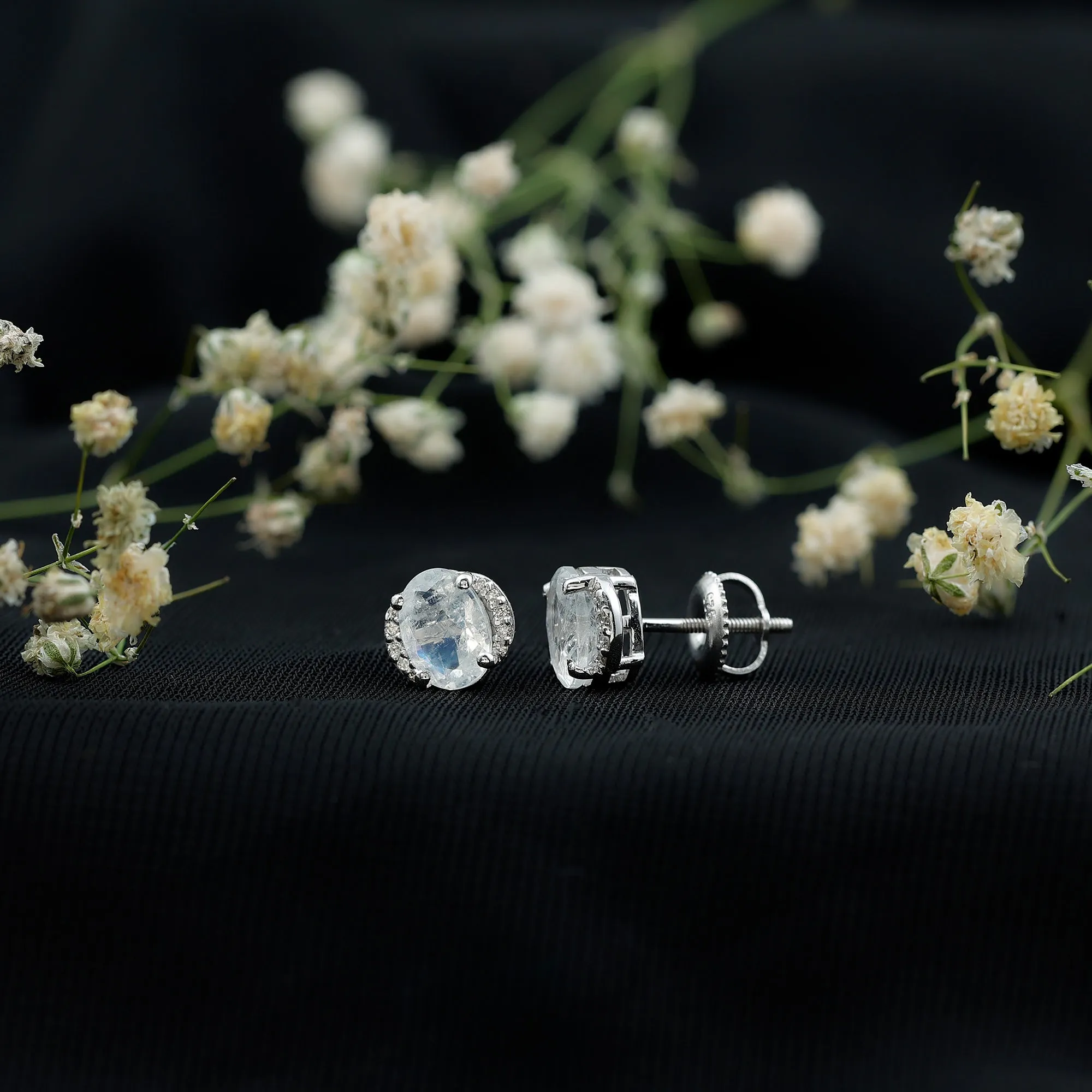 Oval Moonstone Minimal Solitaire Stud Earrings with Diamond