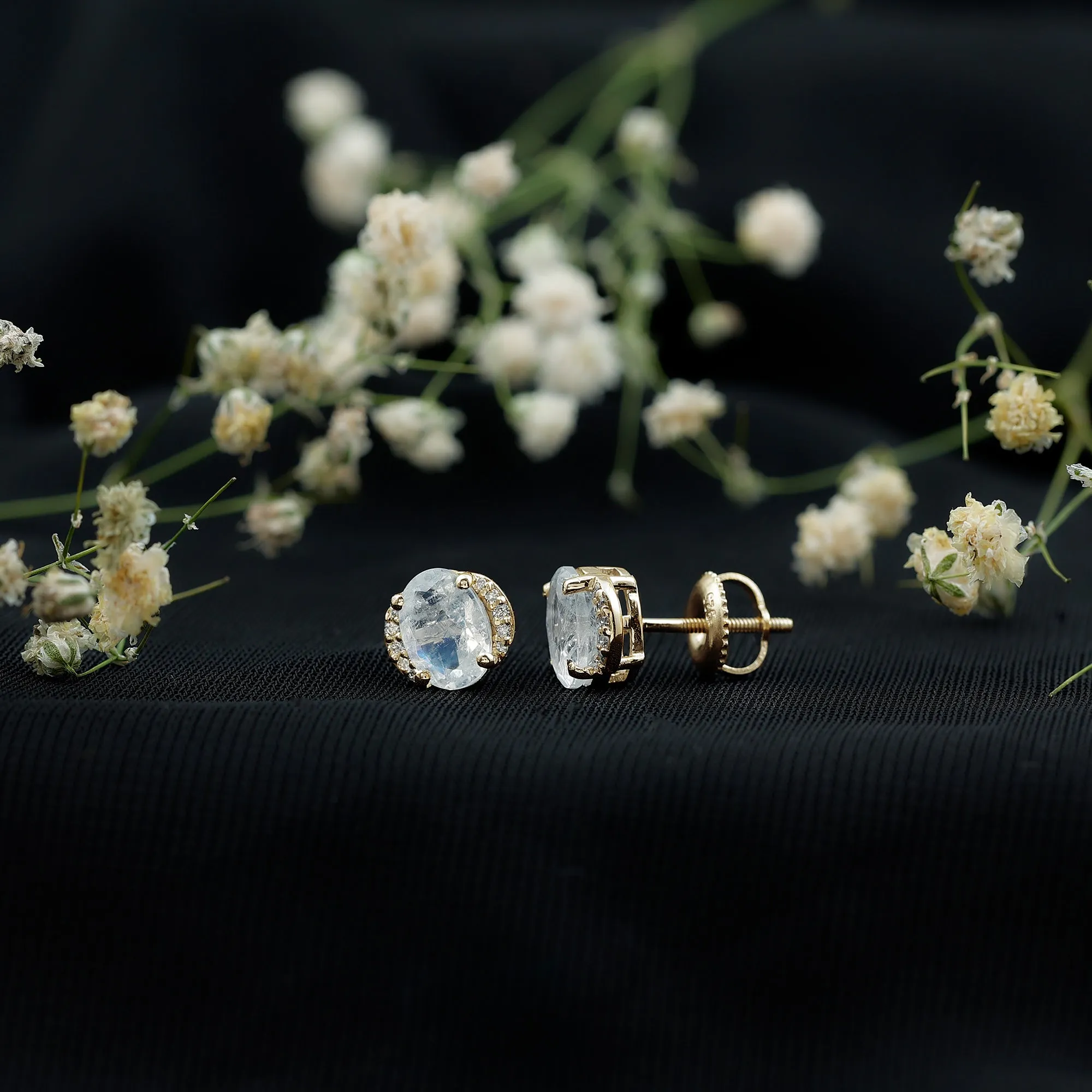 Oval Moonstone Minimal Solitaire Stud Earrings with Diamond