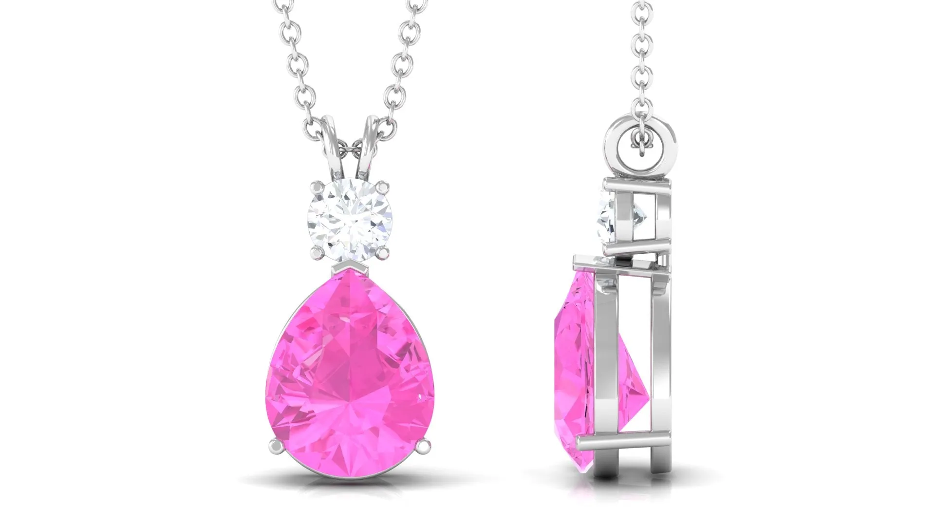 Pear Cut Created Pink Sapphire Drop Pendant Necklace