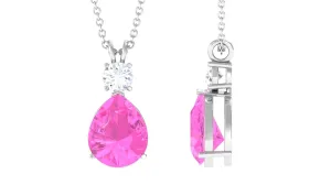 Pear Cut Created Pink Sapphire Drop Pendant Necklace