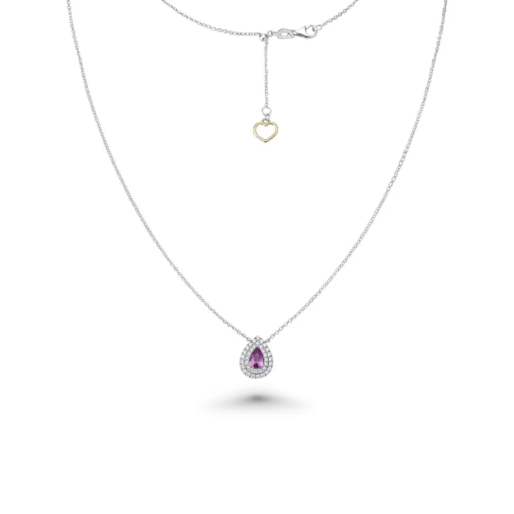 Pear Shape Pink Sapphire With Diamond Halo Necklace (0.73 ct.) in 18K Gold
