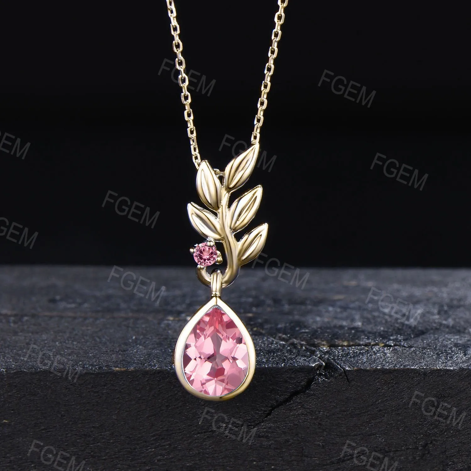 Pear Shaped Pink Sapphire Necklace 14k/18k Yellow Gold Leaf Necklace Greek Olive Leaf Padparadscha Sapphire Wedding Olive Tree Leaf Pendant