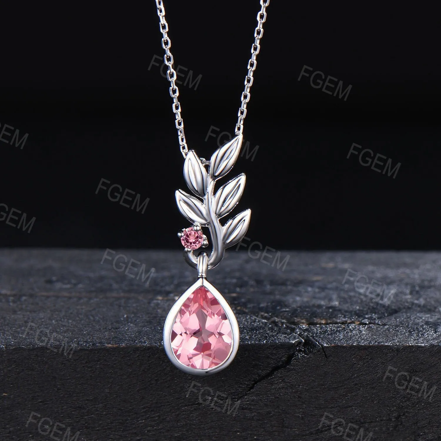 Pear Shaped Pink Sapphire Necklace 14k/18k Yellow Gold Leaf Necklace Greek Olive Leaf Padparadscha Sapphire Wedding Olive Tree Leaf Pendant