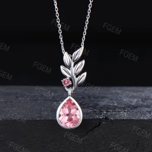Pear Shaped Pink Sapphire Necklace 14k/18k Yellow Gold Leaf Necklace Greek Olive Leaf Padparadscha Sapphire Wedding Olive Tree Leaf Pendant