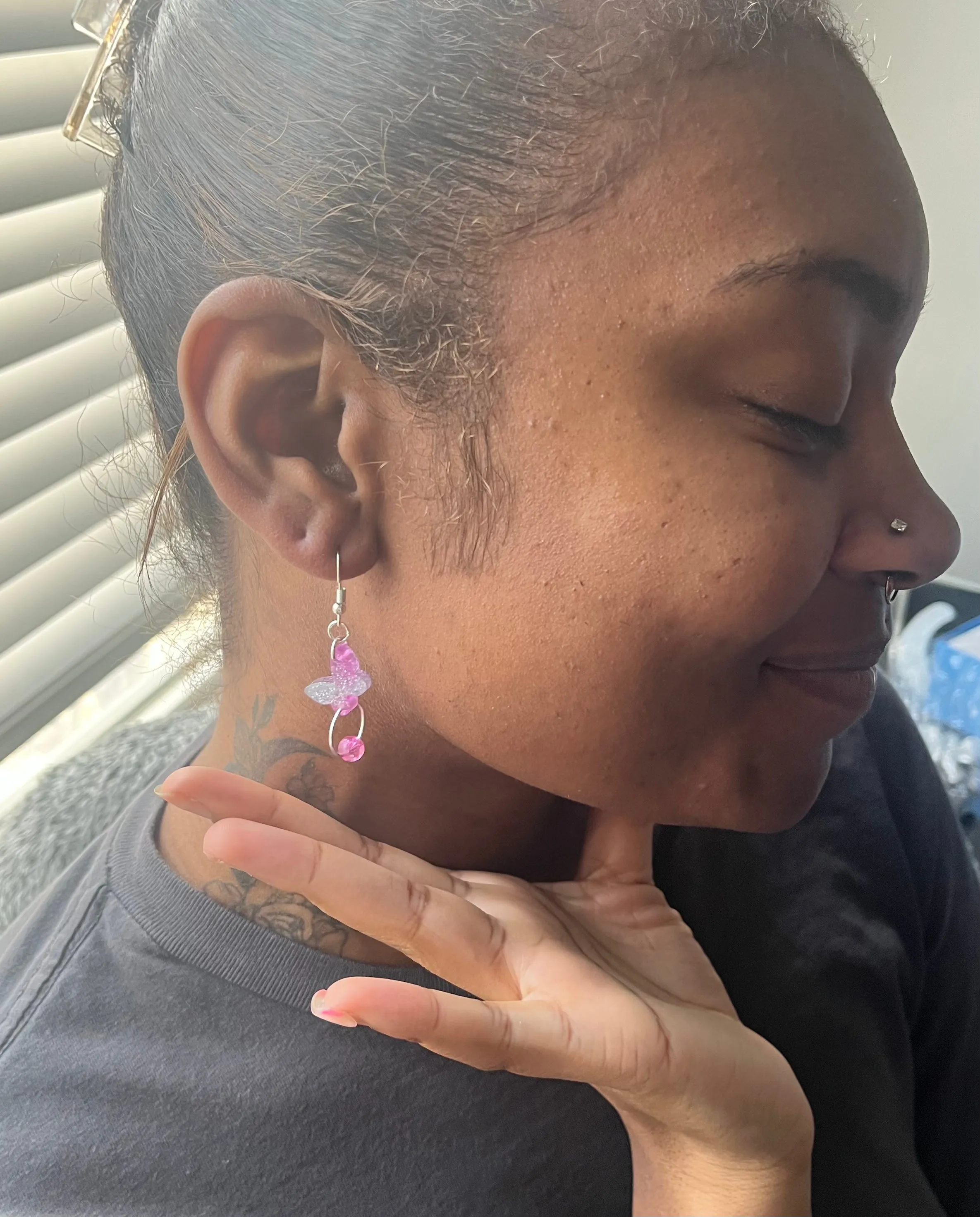 Pink and Silver Butterfly Hoop Dangle Earrings