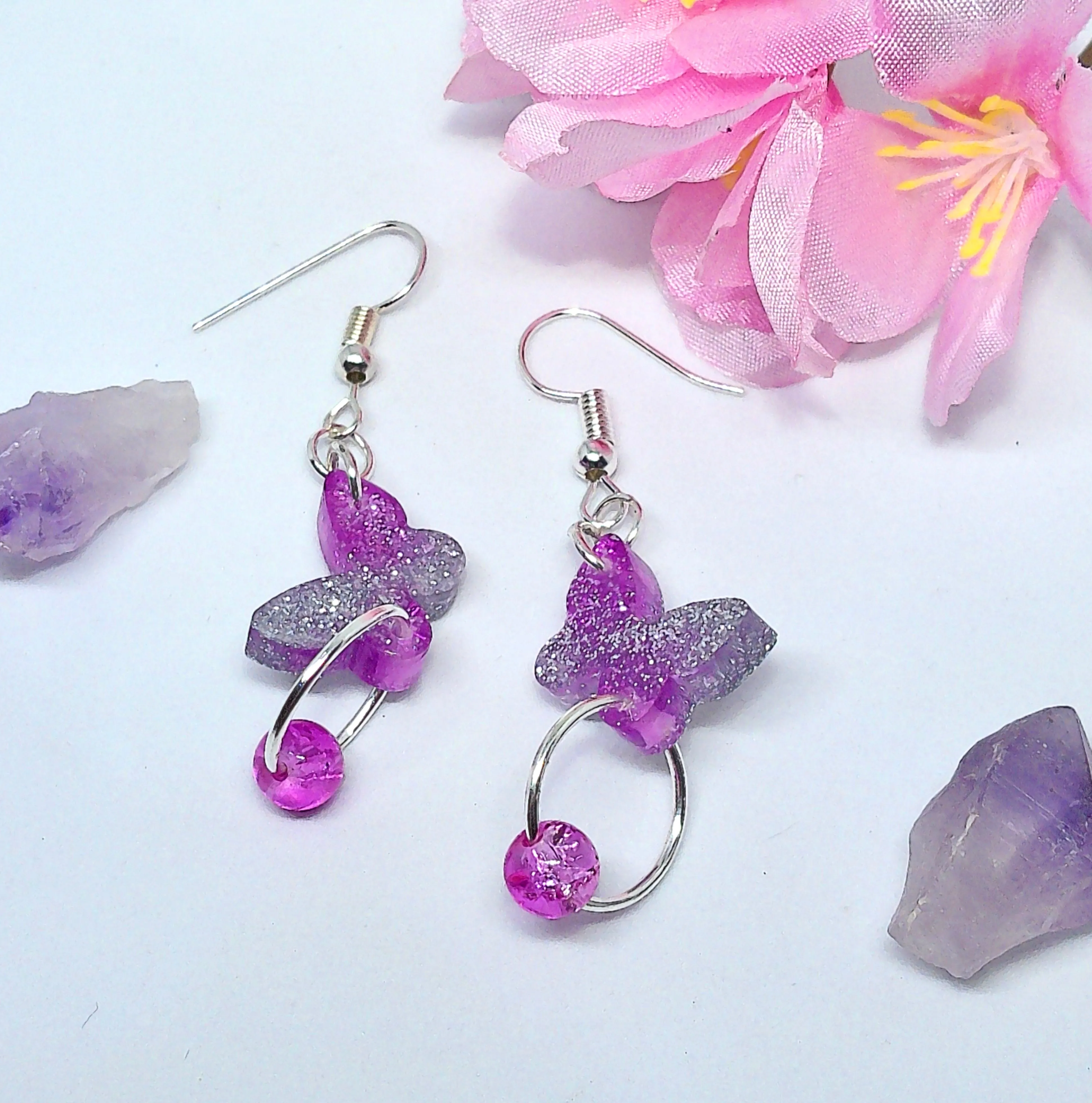 Pink and Silver Butterfly Hoop Dangle Earrings