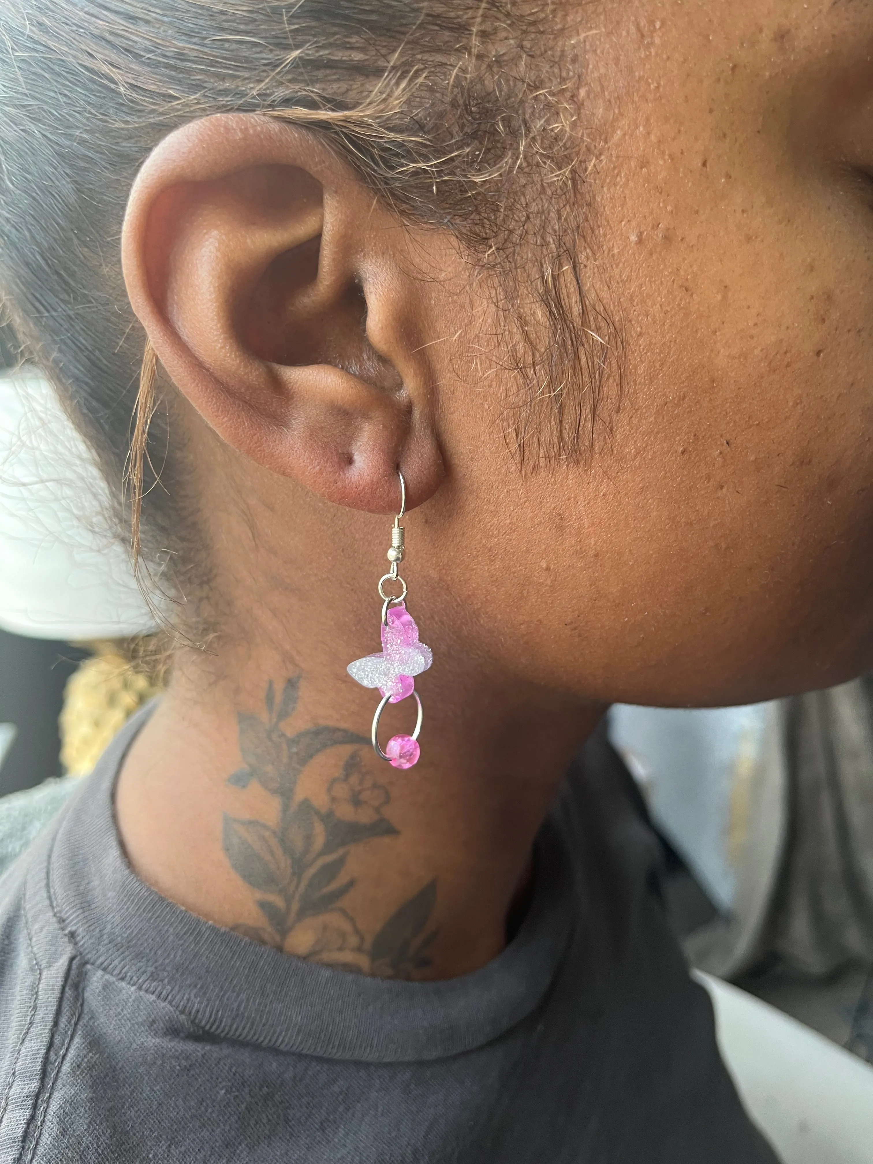Pink and Silver Butterfly Hoop Dangle Earrings