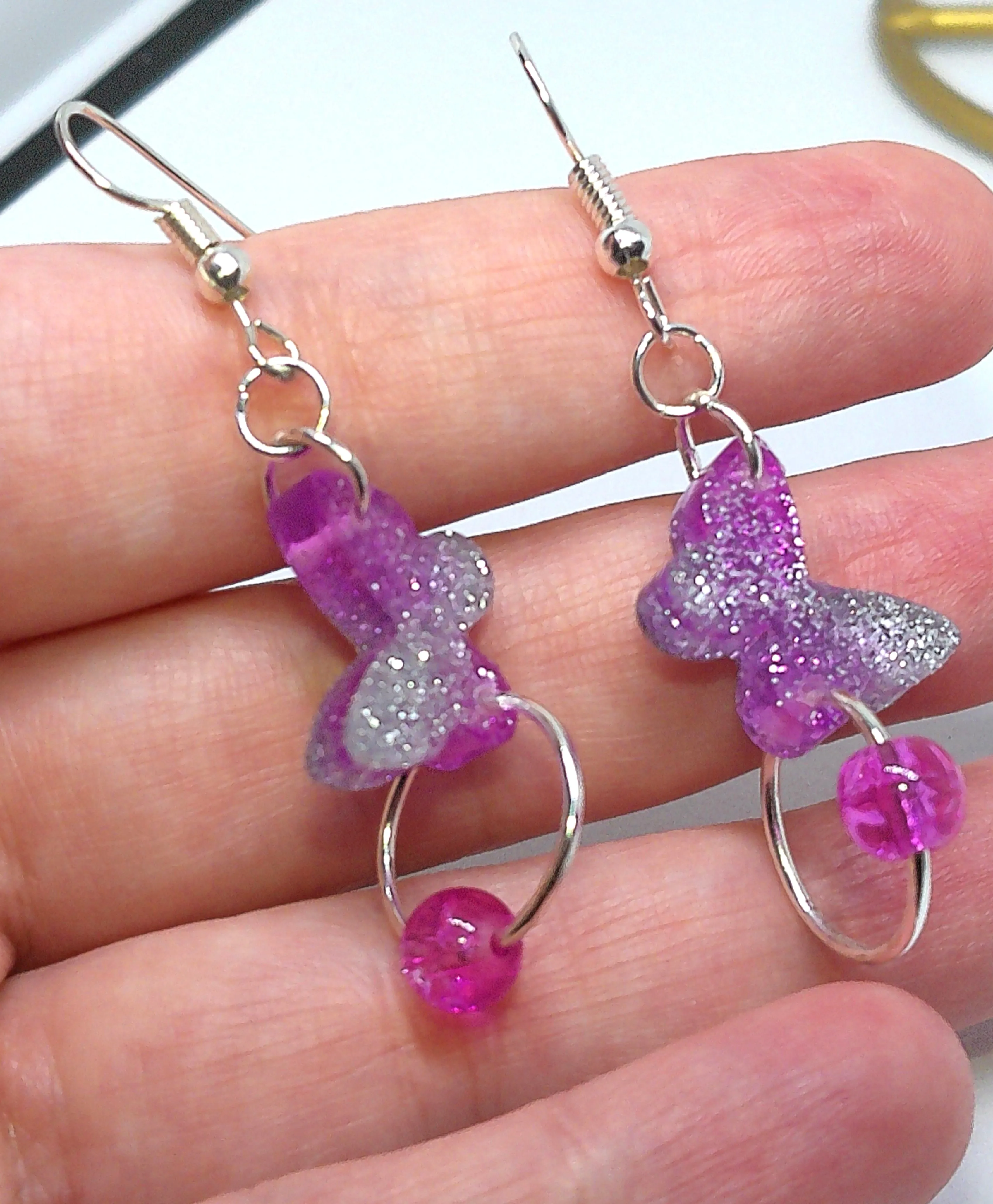Pink and Silver Butterfly Hoop Dangle Earrings