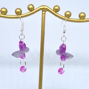Pink and Silver Butterfly Hoop Dangle Earrings