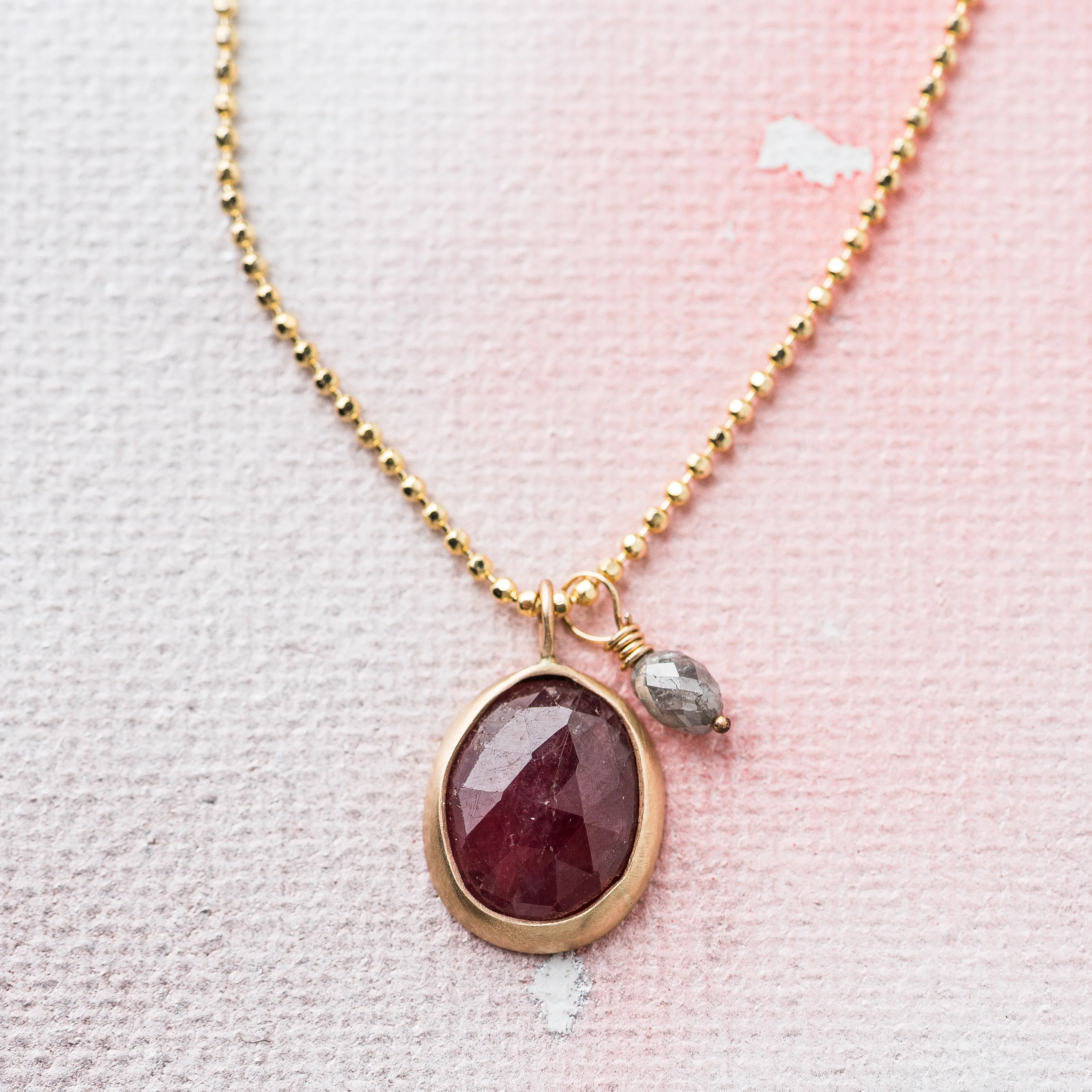 Pink Sapphire Necklace with Gray Diamond in 14k Gold