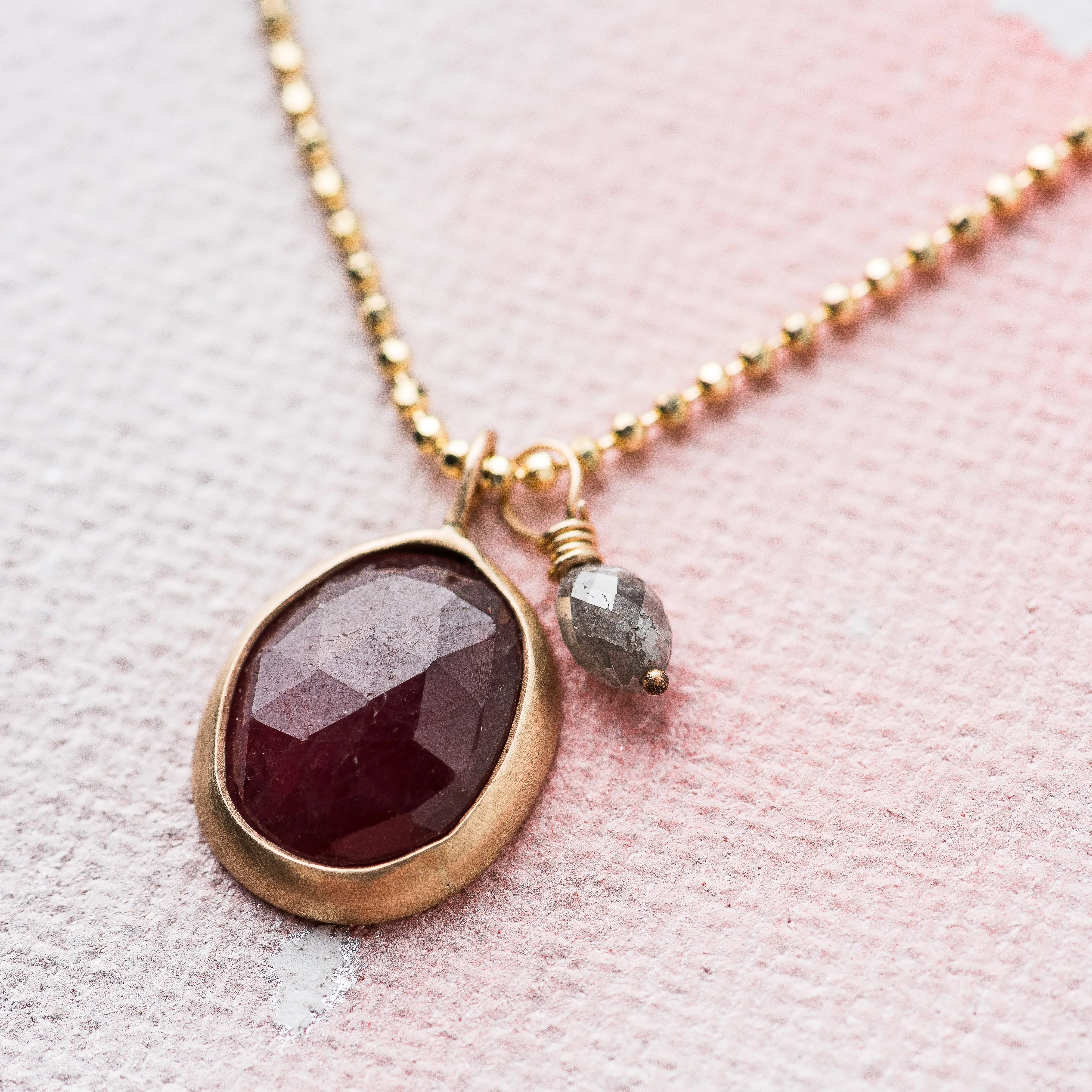 Pink Sapphire Necklace with Gray Diamond in 14k Gold