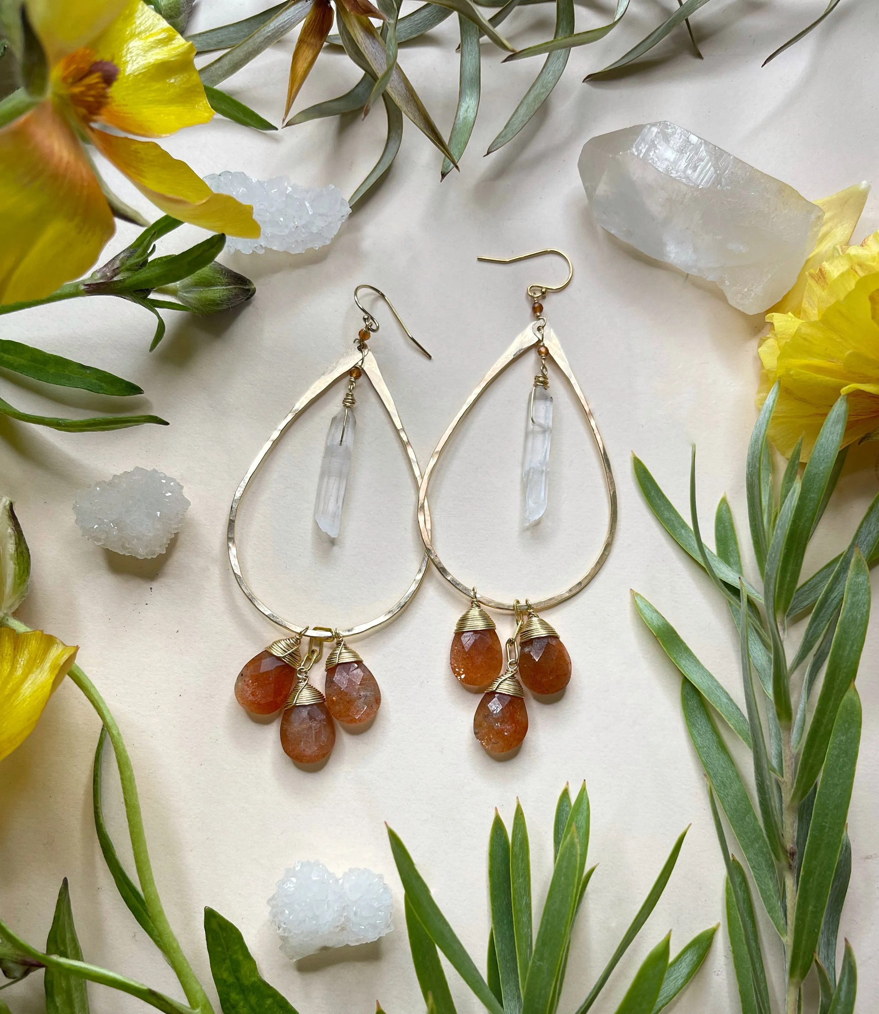 Raw Quartz Triple Stone Earrings