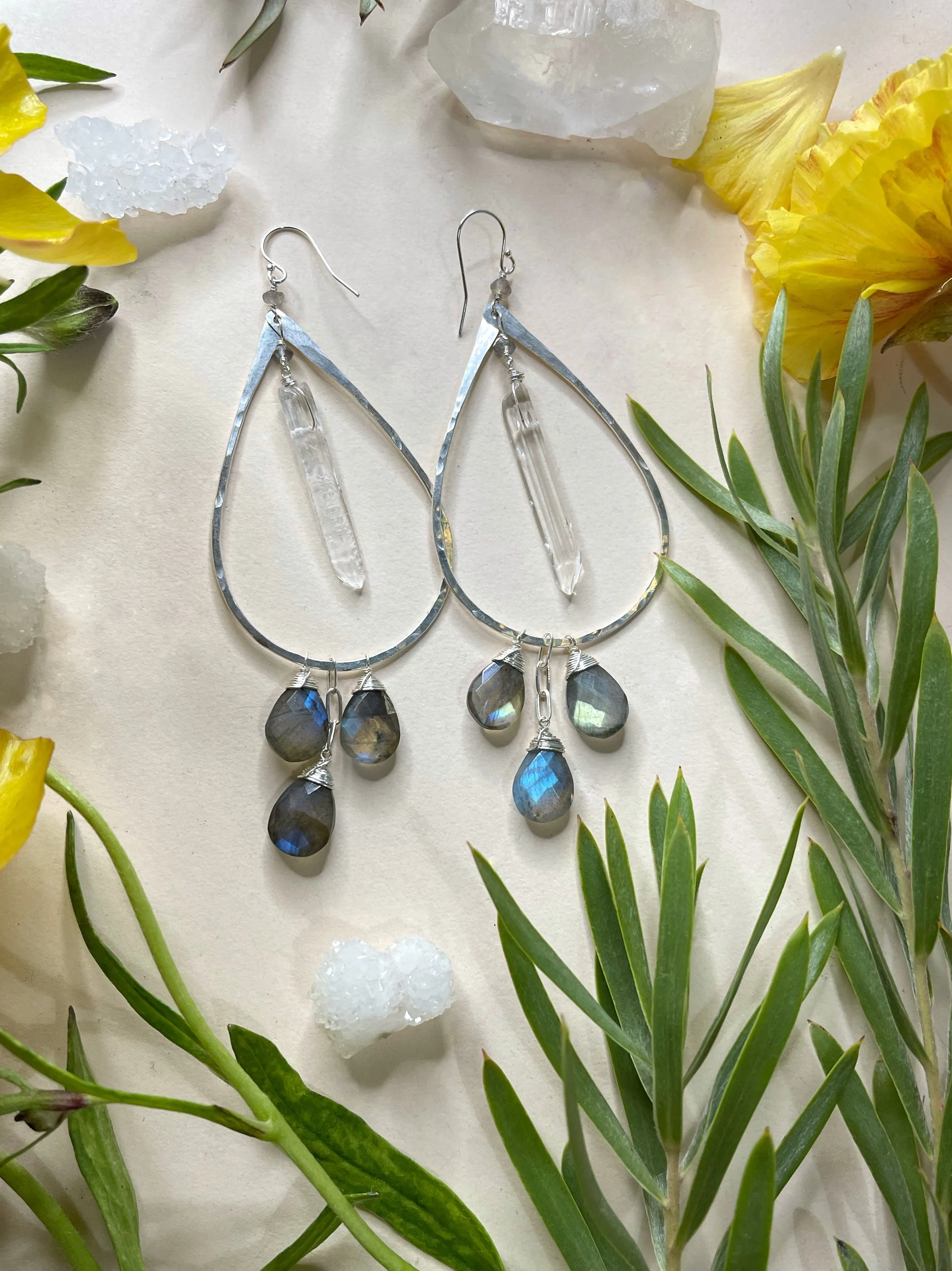Raw Quartz Triple Stone Earrings