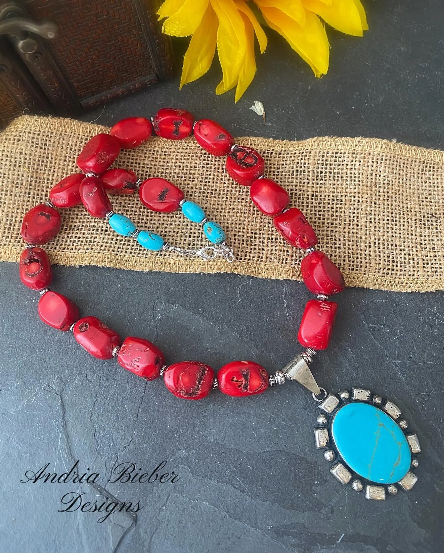 Red coral, turquoise stone, turquoise pendnat, silver metal, necklace