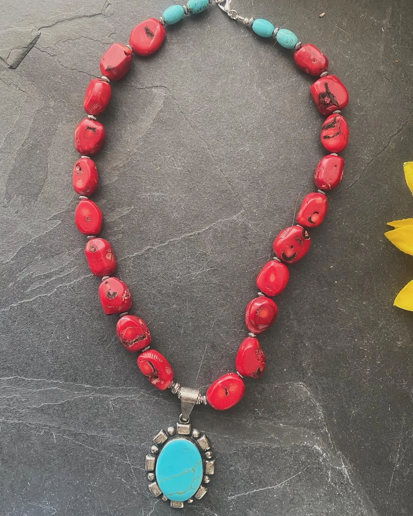 Red coral, turquoise stone, turquoise pendnat, silver metal, necklace