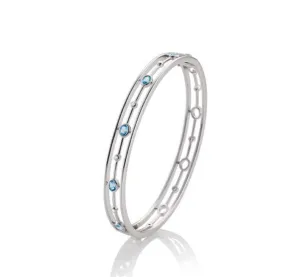 Rhodium Plated Sterling Silver Bezel Swiss Blue Topaz & Bezel White Sapphire Oval Bangle Bracelet (I8896)