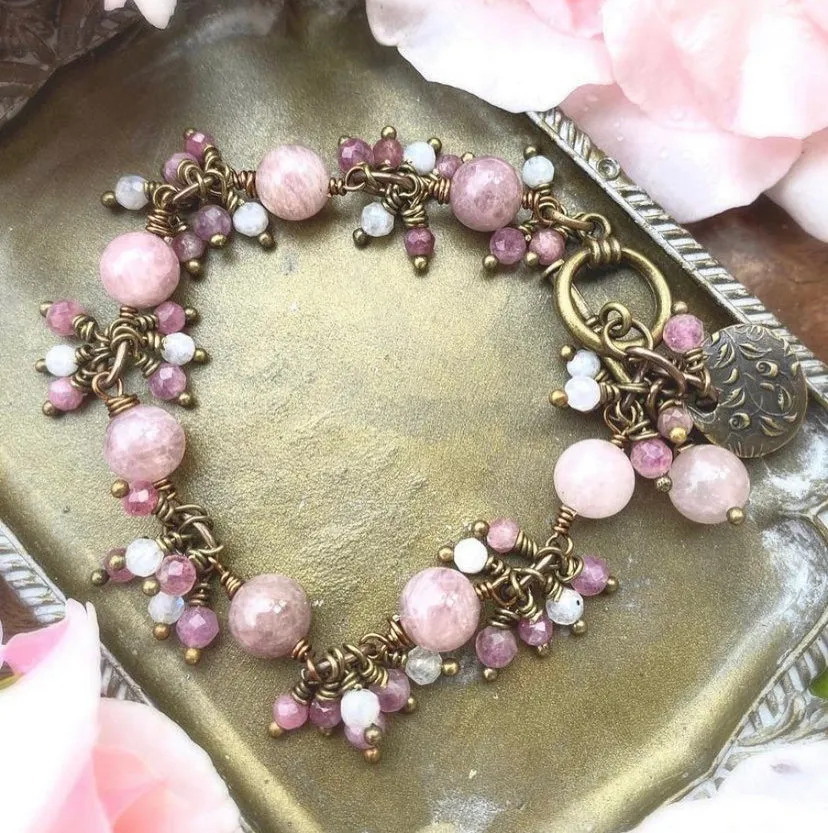Rose quartz pink stone, Tourmaline pink stone, moonstone, wire wrapped, bronze metal bracelet.