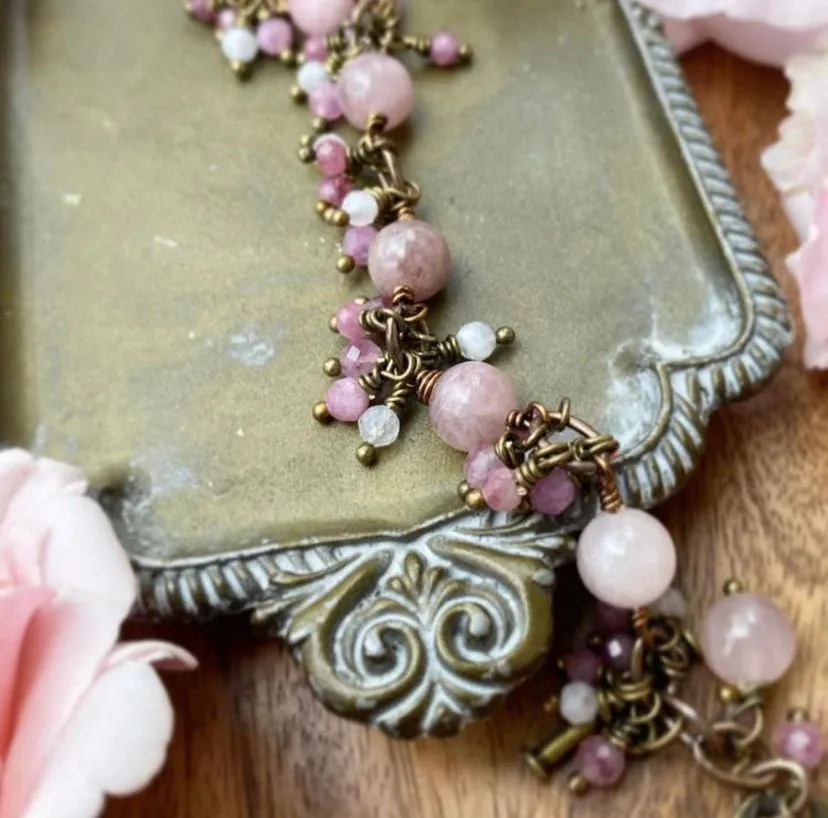 Rose quartz pink stone, Tourmaline pink stone, moonstone, wire wrapped, bronze metal bracelet.