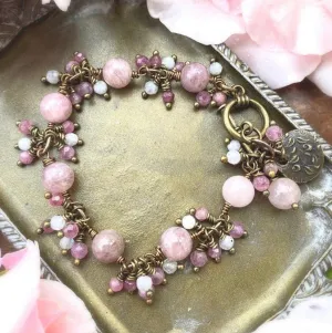 Rose quartz pink stone, Tourmaline pink stone, moonstone, wire wrapped, bronze metal bracelet.