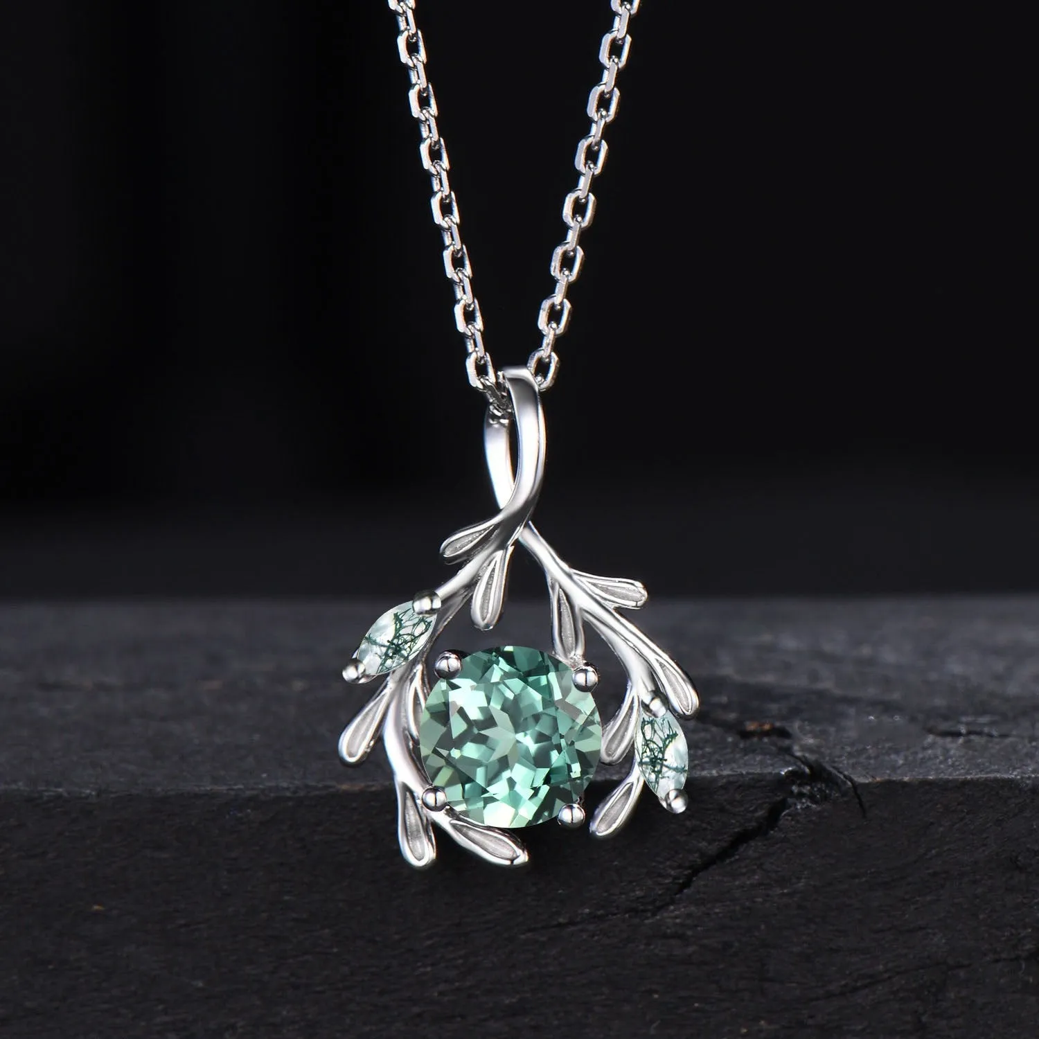 Round Green Sapphire Necklace Branch Leaf Vine Teal Sapphire Bridal Necklace 14k/18k White Gold Moss Agate Wedding Pendant Gifts for Women