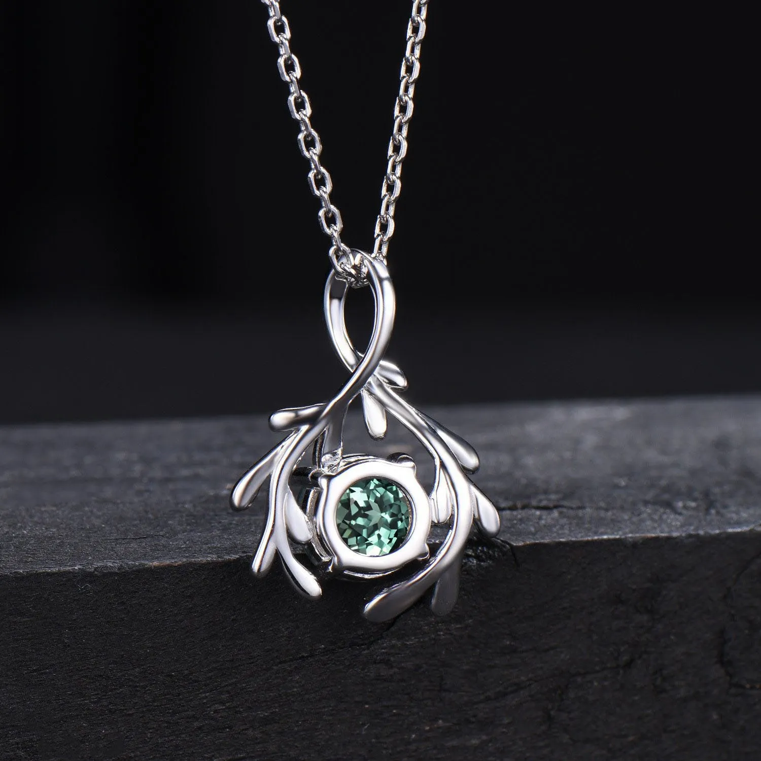 Round Green Sapphire Necklace Branch Leaf Vine Teal Sapphire Bridal Necklace 14k/18k White Gold Moss Agate Wedding Pendant Gifts for Women