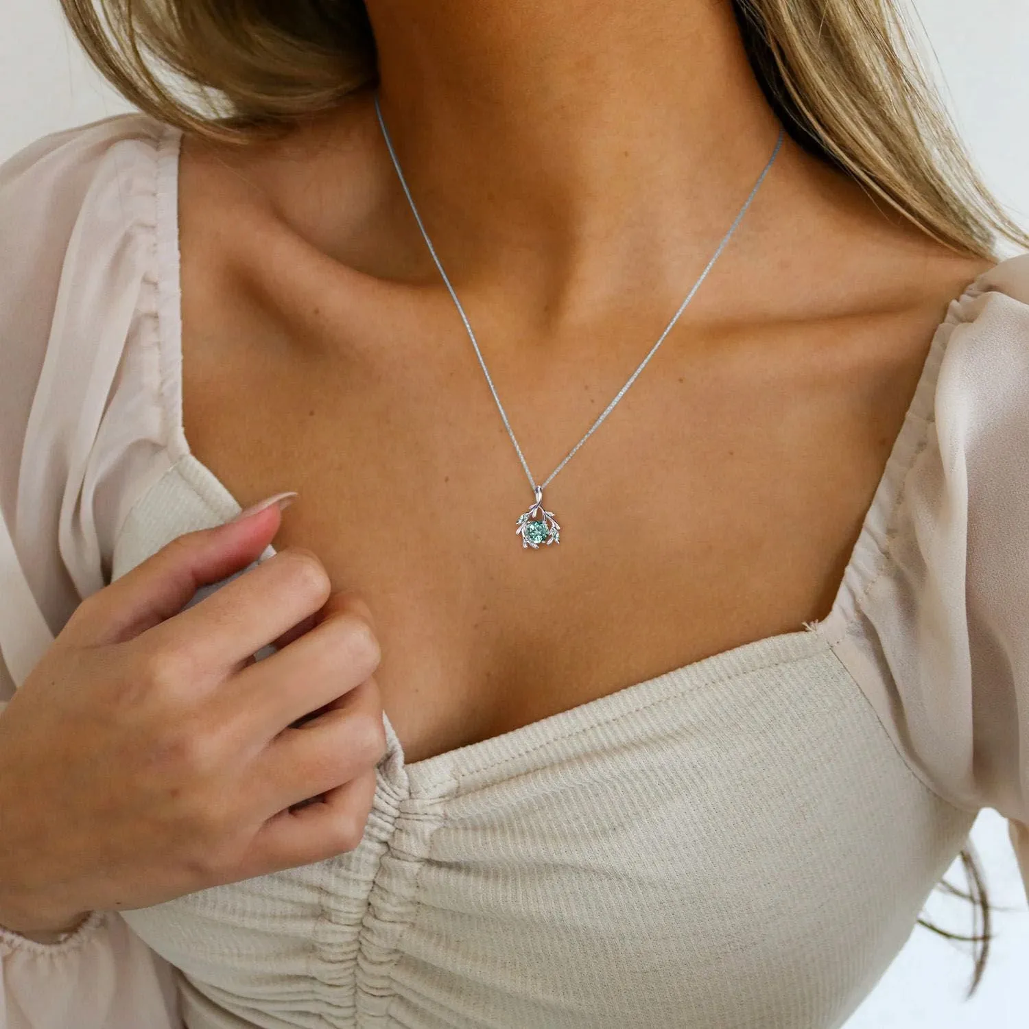 Round Green Sapphire Necklace Branch Leaf Vine Teal Sapphire Bridal Necklace 14k/18k White Gold Moss Agate Wedding Pendant Gifts for Women