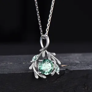 Round Green Sapphire Necklace Branch Leaf Vine Teal Sapphire Bridal Necklace 14k/18k White Gold Moss Agate Wedding Pendant Gifts for Women