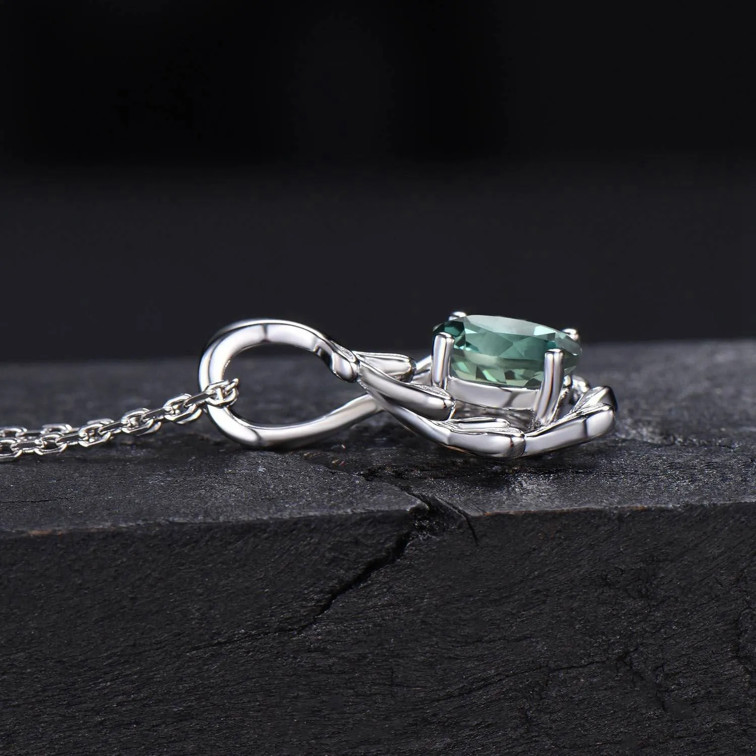 Round Green Sapphire Necklace Branch Leaf Vine Teal Sapphire Bridal Necklace 14k/18k White Gold Moss Agate Wedding Pendant Gifts for Women