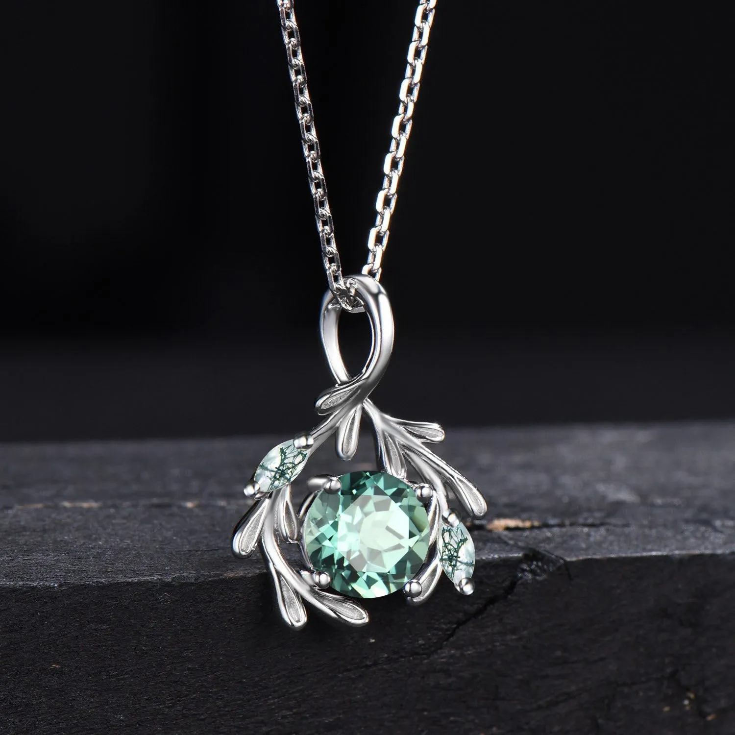 Round Green Sapphire Necklace Branch Leaf Vine Teal Sapphire Bridal Necklace 14k/18k White Gold Moss Agate Wedding Pendant Gifts for Women