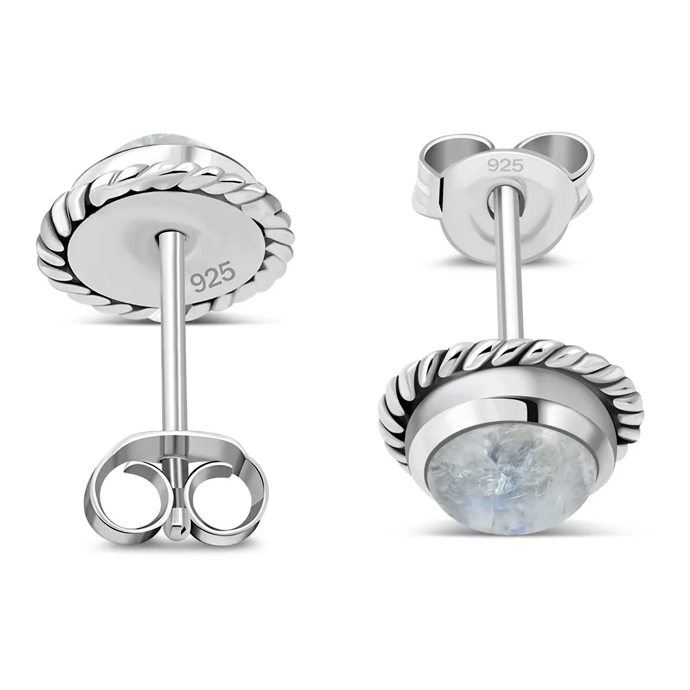Round Rainbow Moonstone Stud Silver Earrings