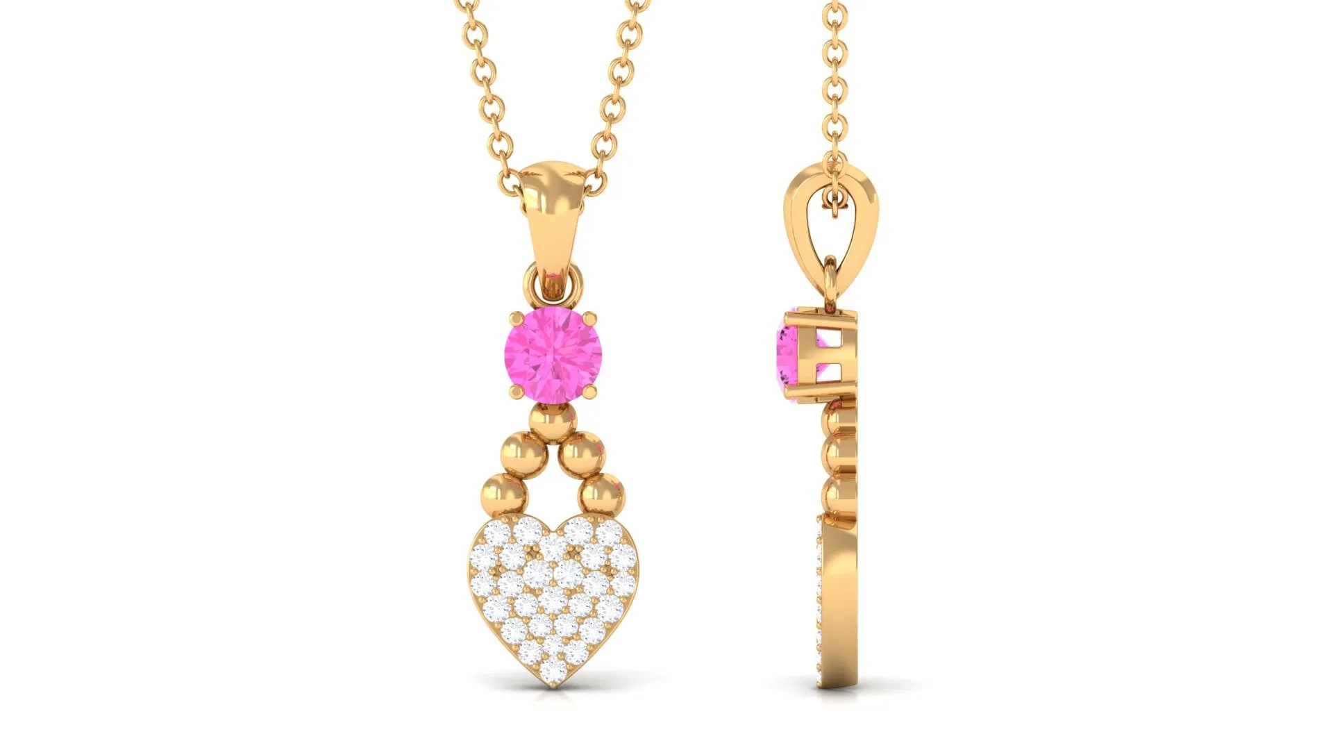 Round Shape Pink Sapphire and Diamond Heart Pendant