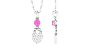 Round Shape Pink Sapphire and Diamond Heart Pendant