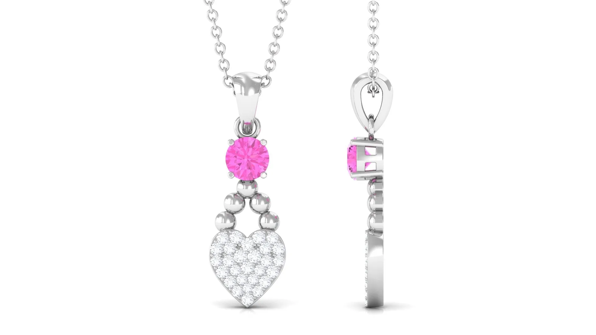 Round Shape Pink Sapphire and Diamond Heart Pendant