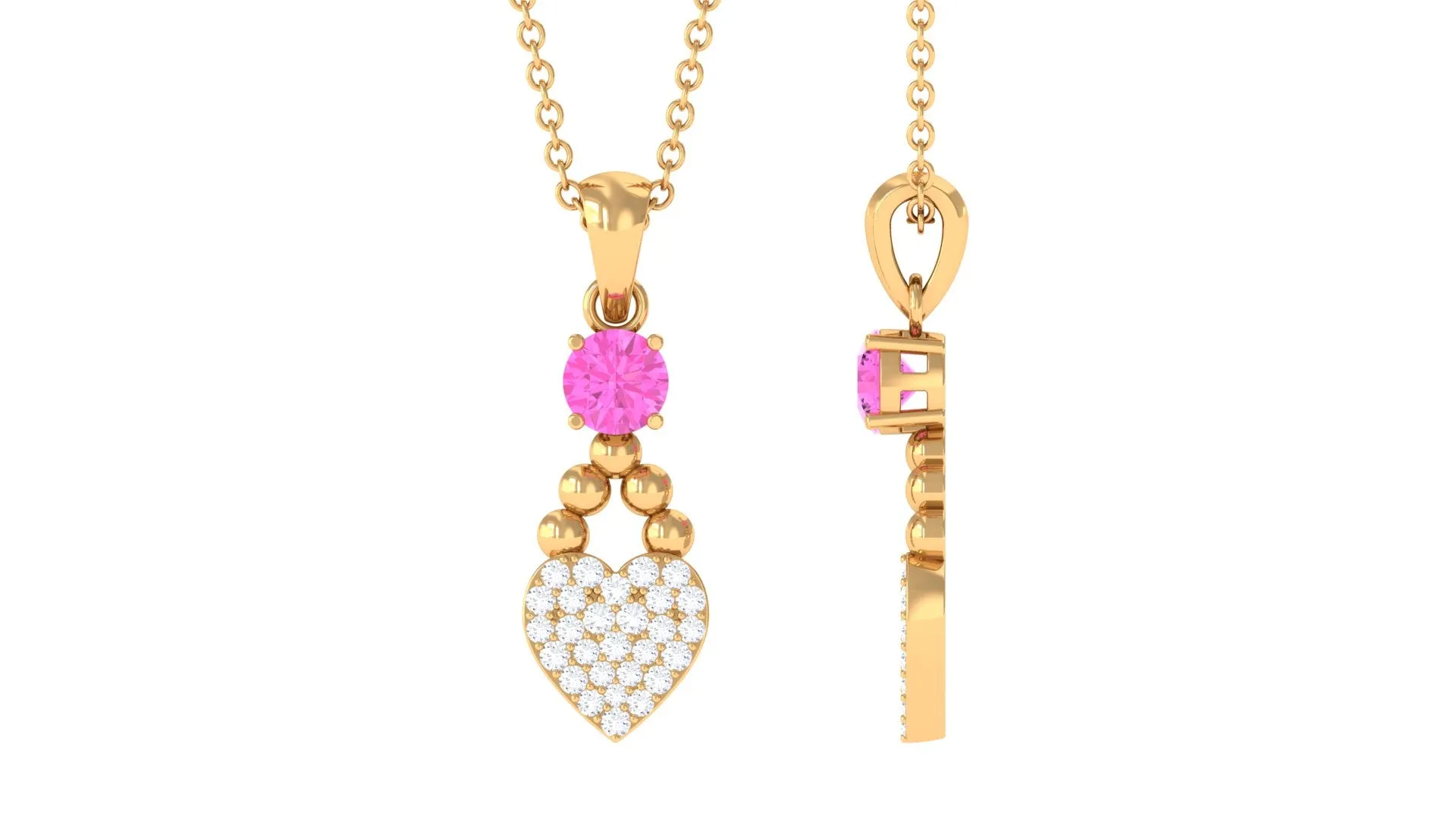 Round Shape Pink Sapphire and Diamond Heart Pendant