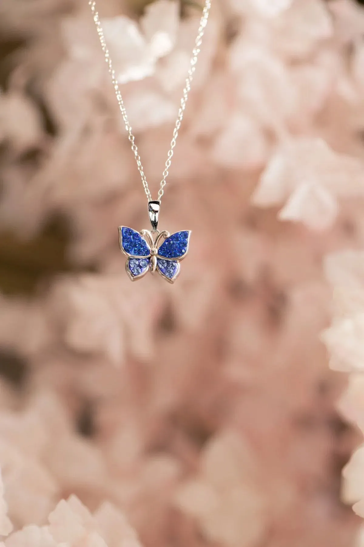 Sapphire Blue Butterfly Crystal Sterling Silver Necklace