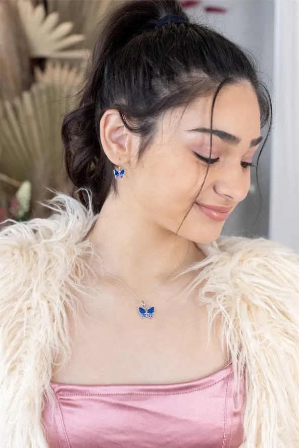 Sapphire Blue Butterfly Crystal Sterling Silver Necklace