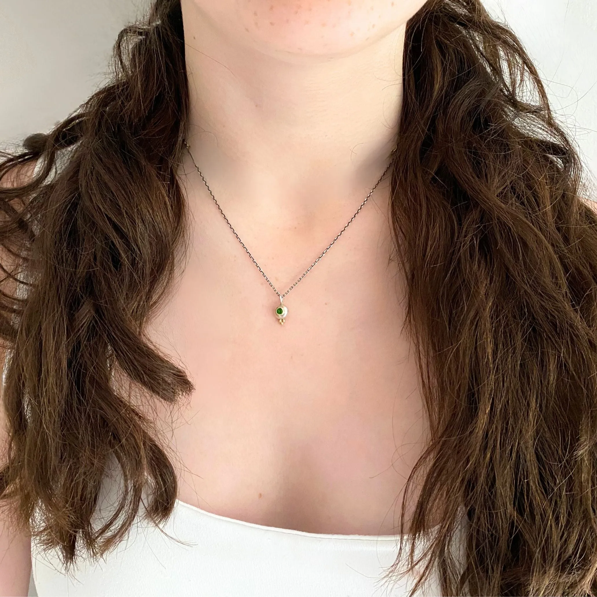 Silver and 18ct Gold, Chrome Diopside Pebble Necklace