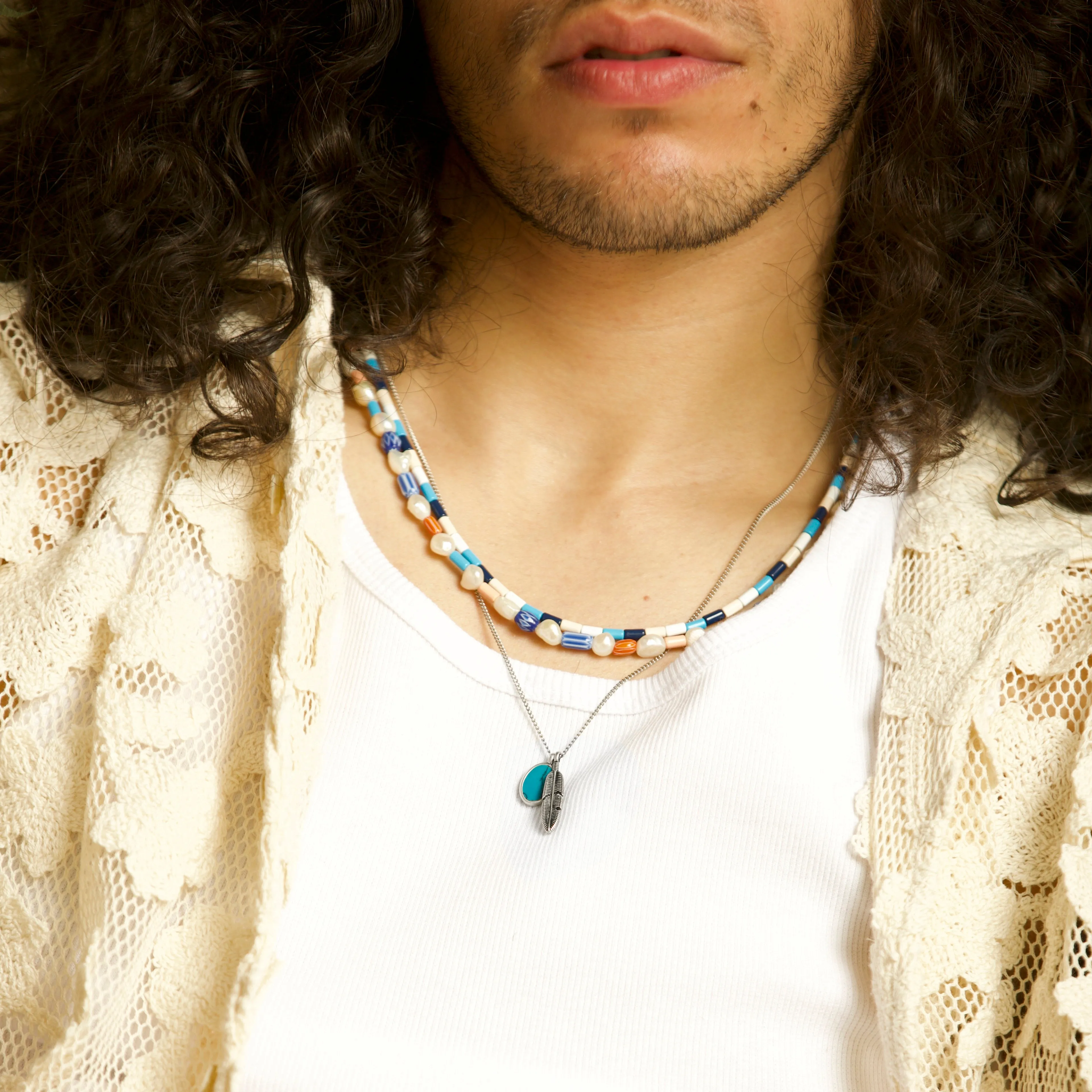 Silver Necklace With Feather And Arizona Turquoise