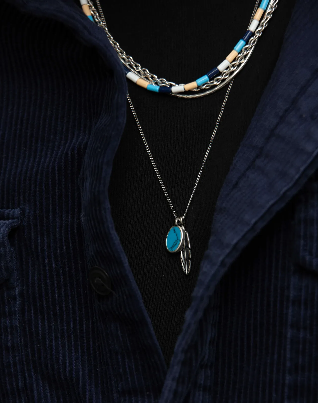 Silver Necklace With Feather And Arizona Turquoise