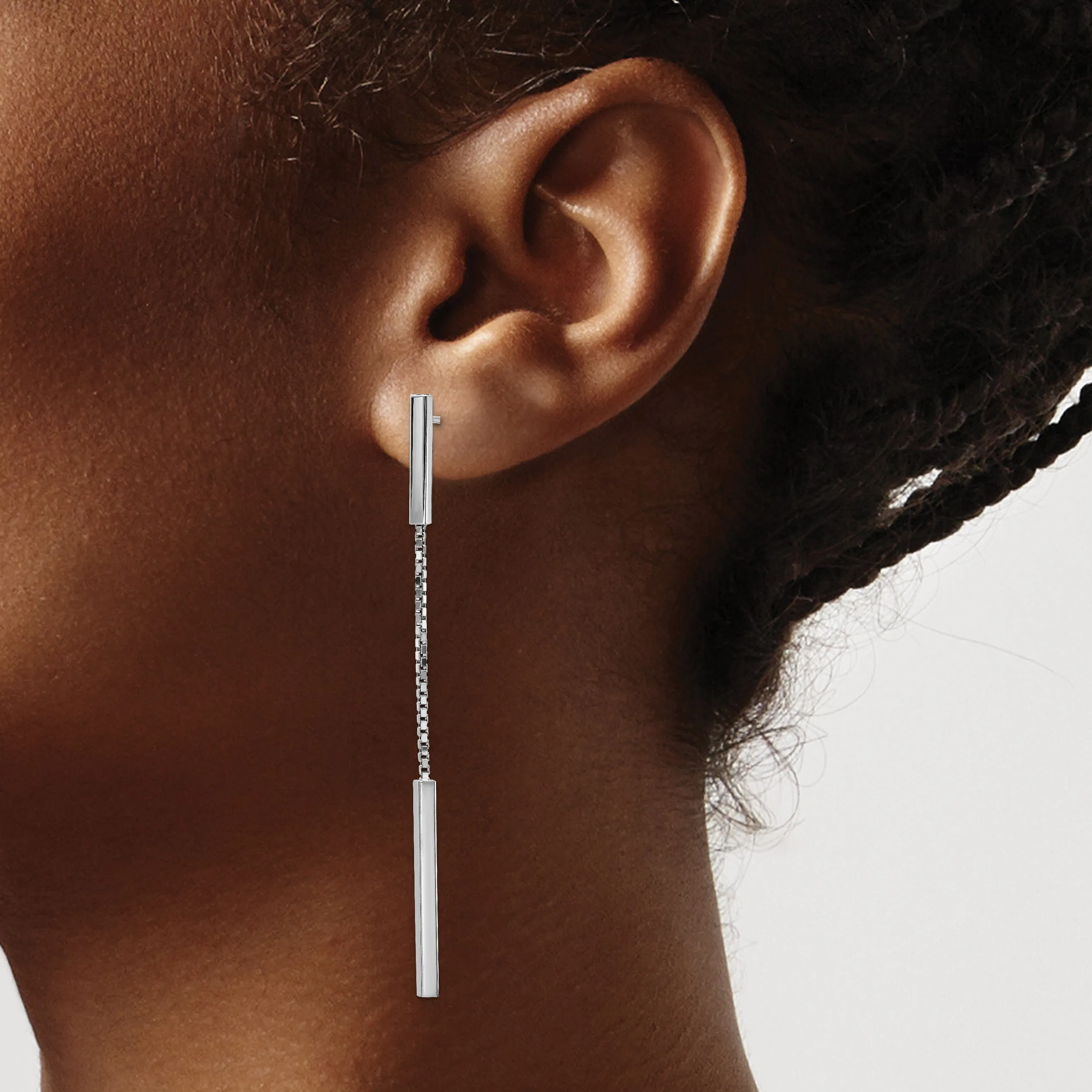Silver Rhodium Polished Finish Bar Dangle Post Earrings