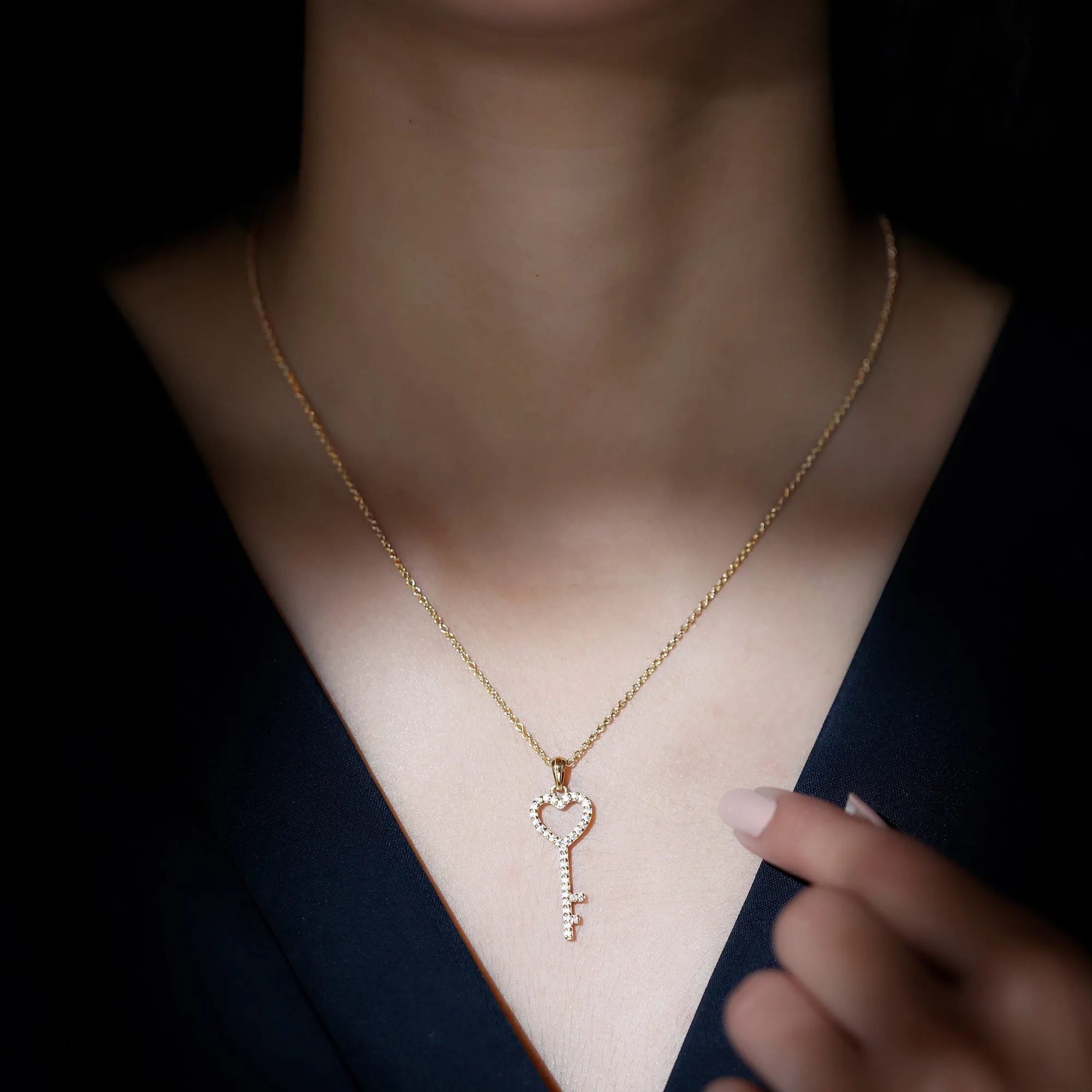 Simple Cubic Zirconia Heart Key Necklace