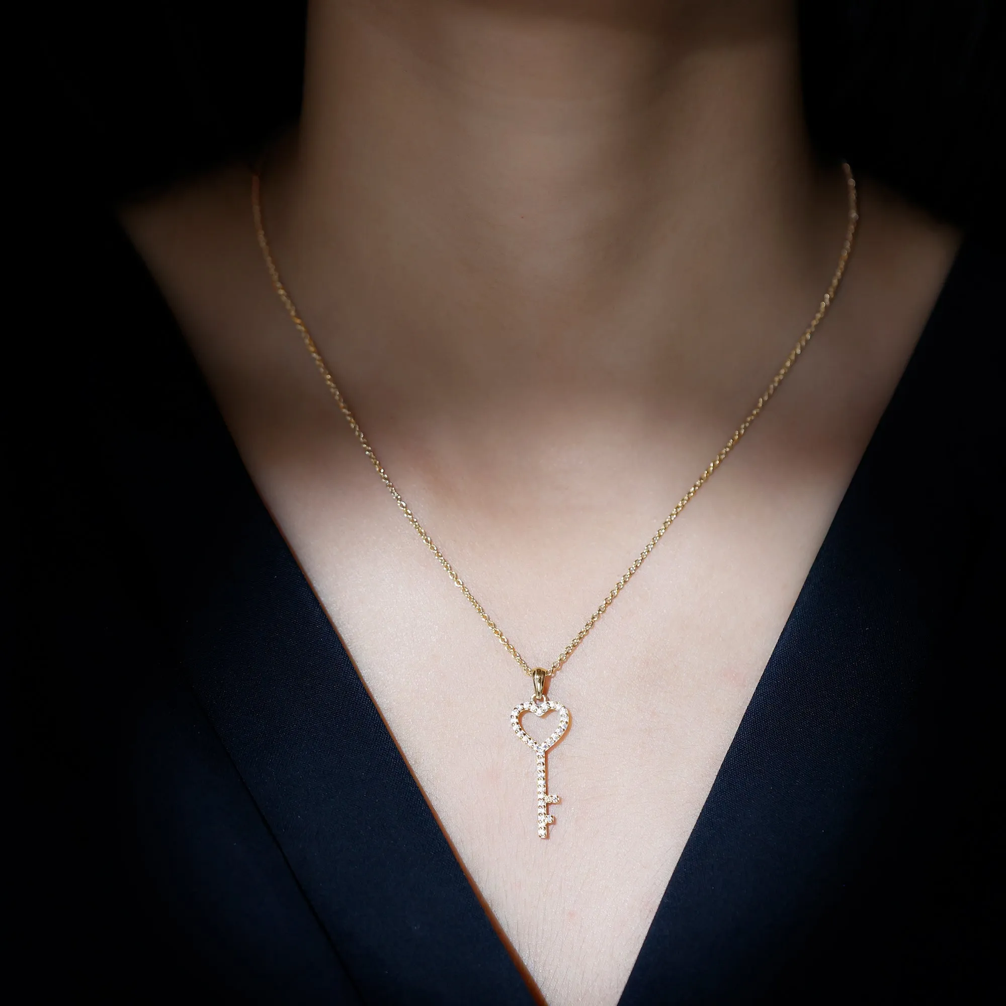 Simple Cubic Zirconia Heart Key Necklace