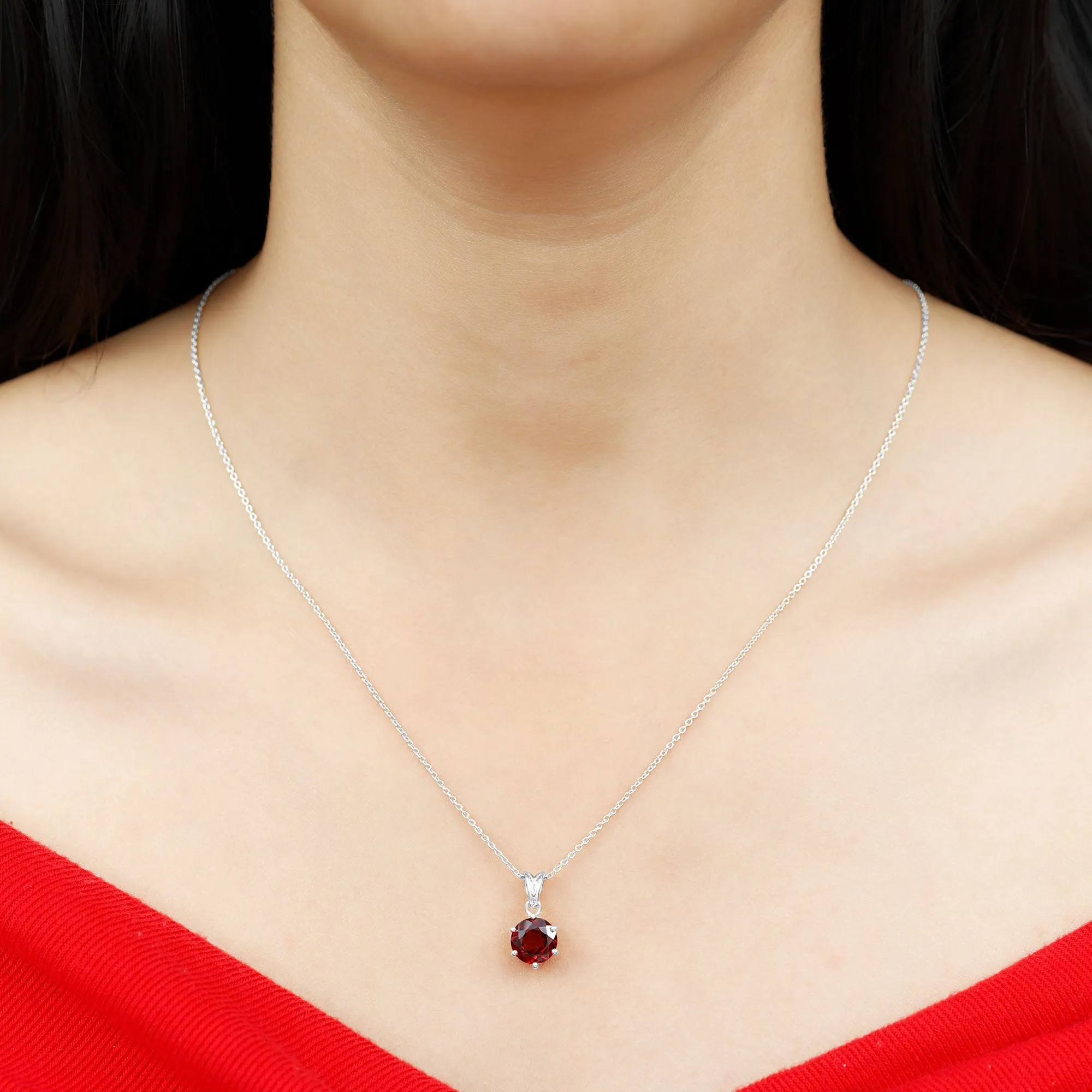 Six Prong Set Round Garnet Solitaire Pendant with Decorative Bail