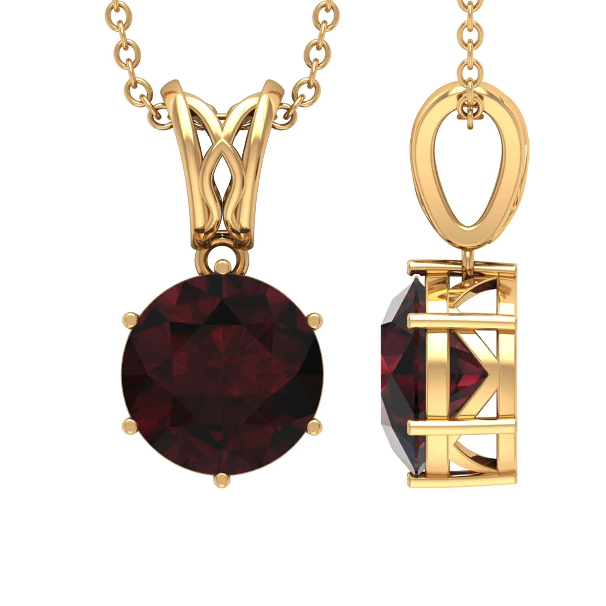 Six Prong Set Round Garnet Solitaire Pendant with Decorative Bail