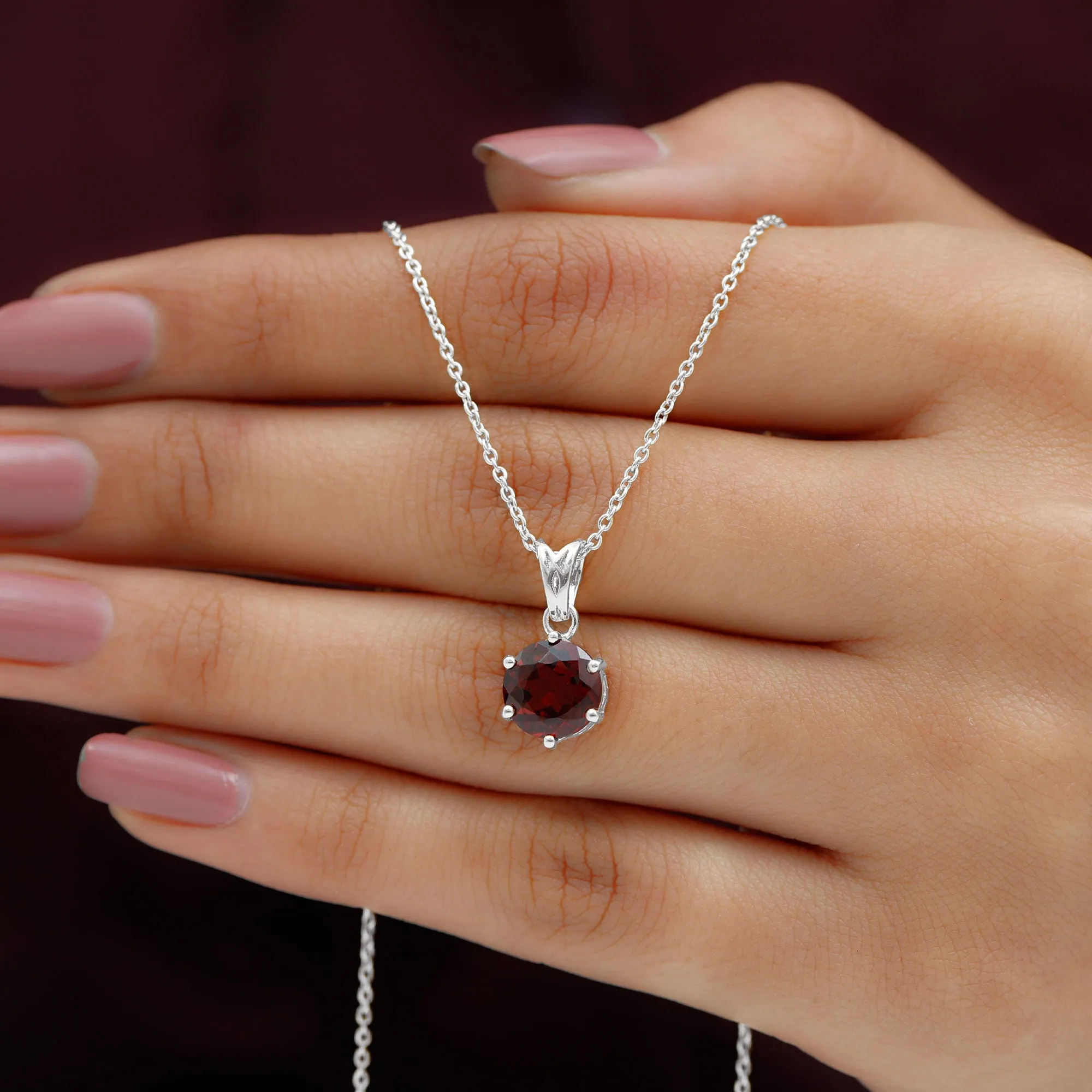 Six Prong Set Round Garnet Solitaire Pendant with Decorative Bail