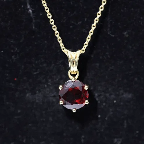 Six Prong Set Round Garnet Solitaire Pendant with Decorative Bail