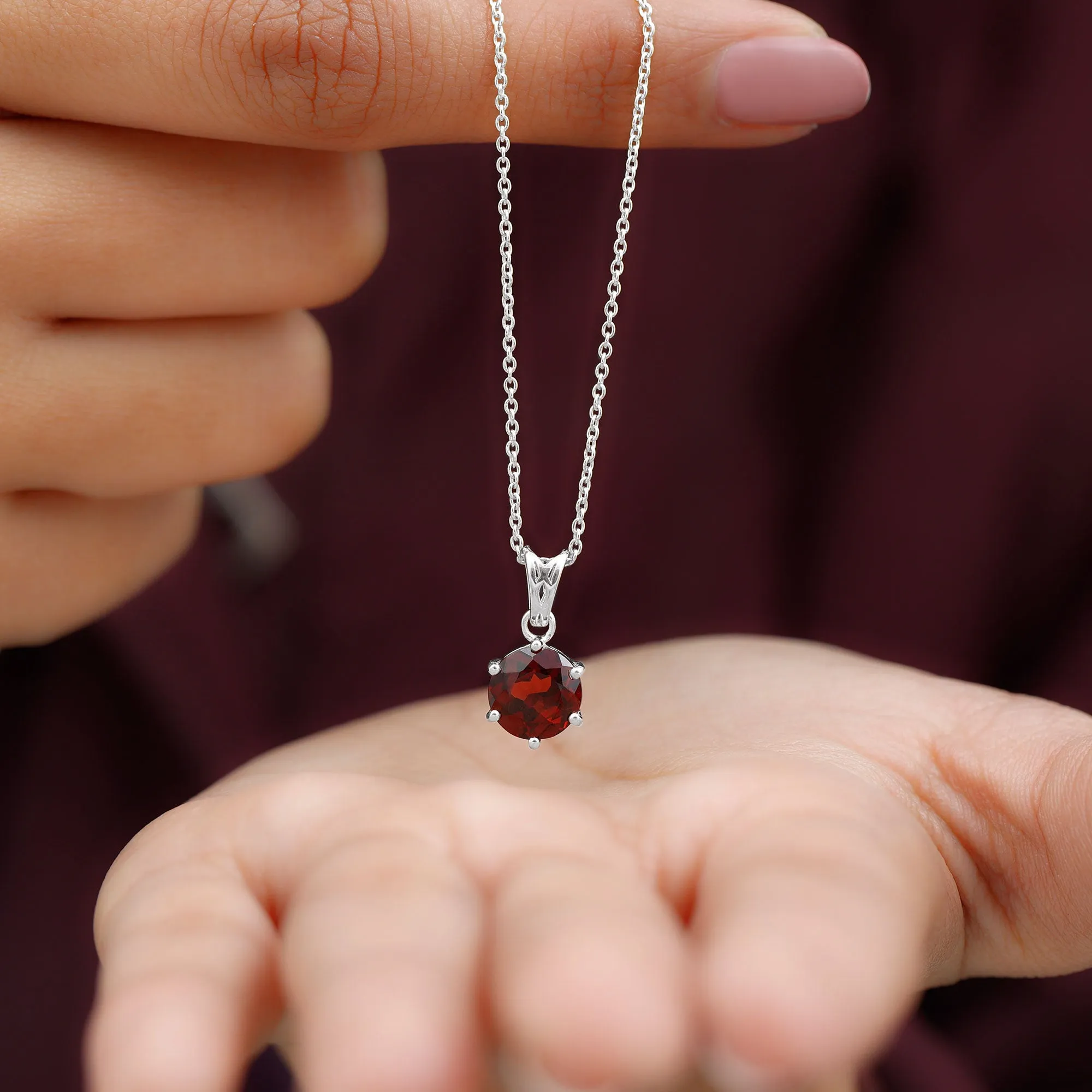 Six Prong Set Round Garnet Solitaire Pendant with Decorative Bail
