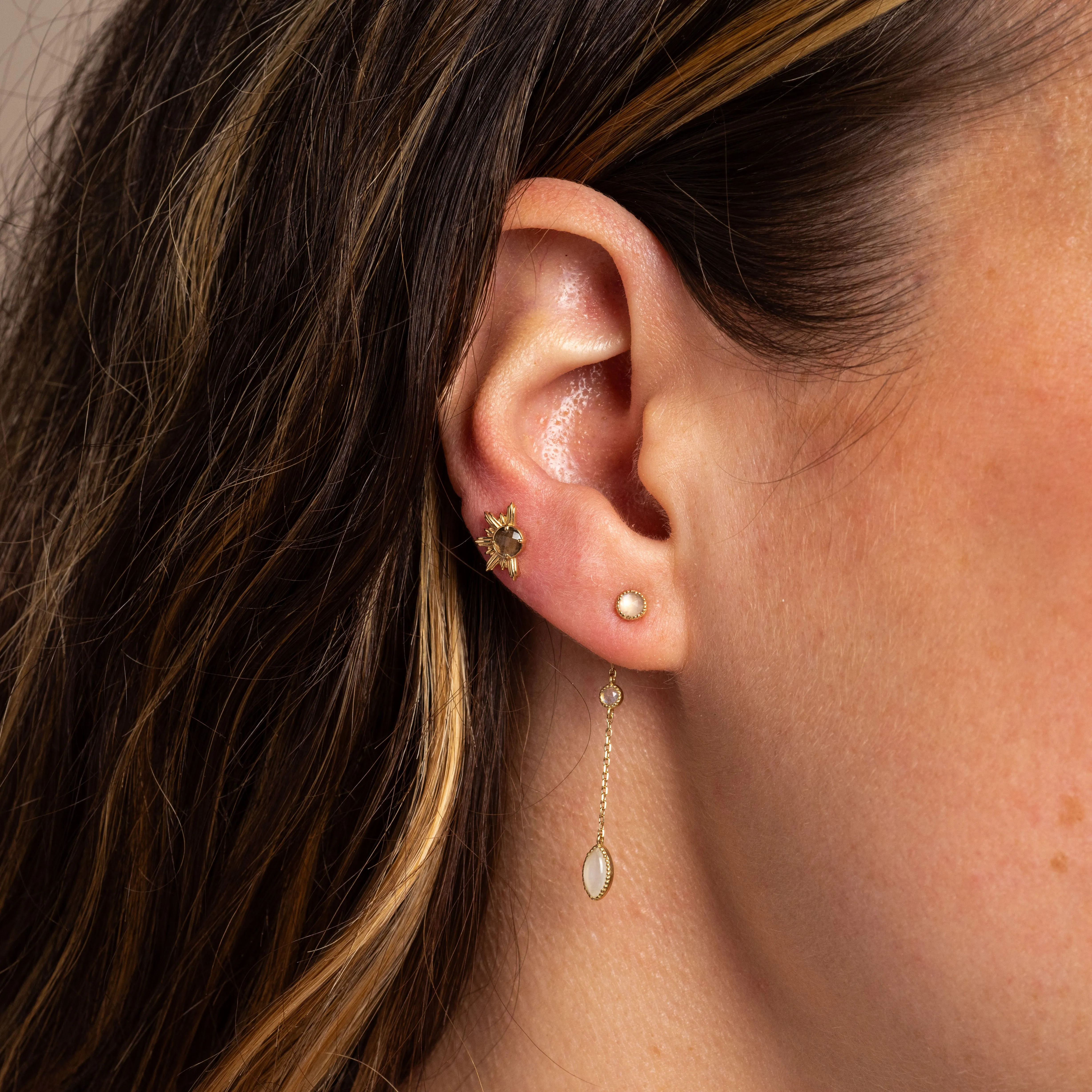 Solid Gold 9 Lives Cats Eye Moonstone Drop Earrings