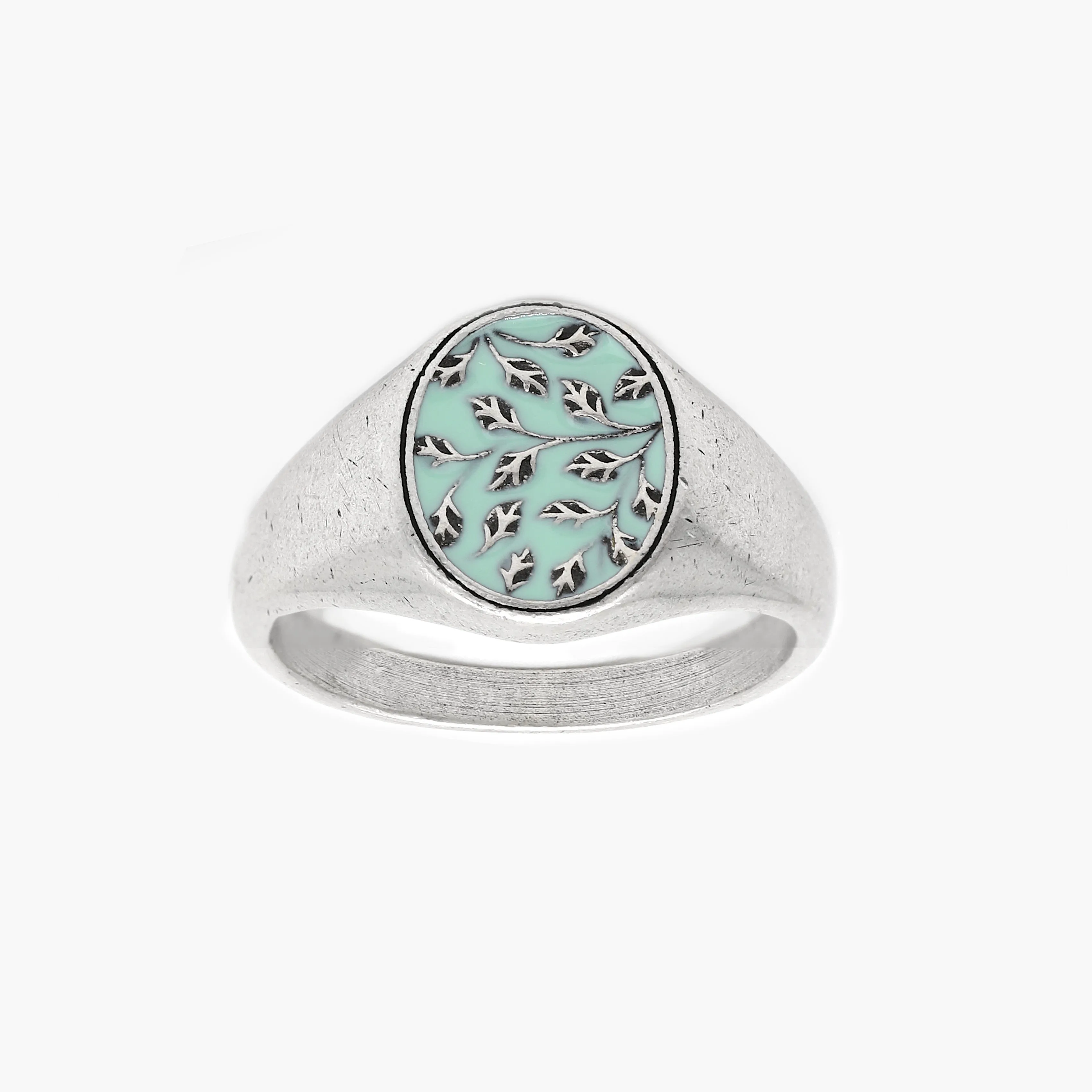 Sterling Silver Floral Oval Signet Ring With Enamel