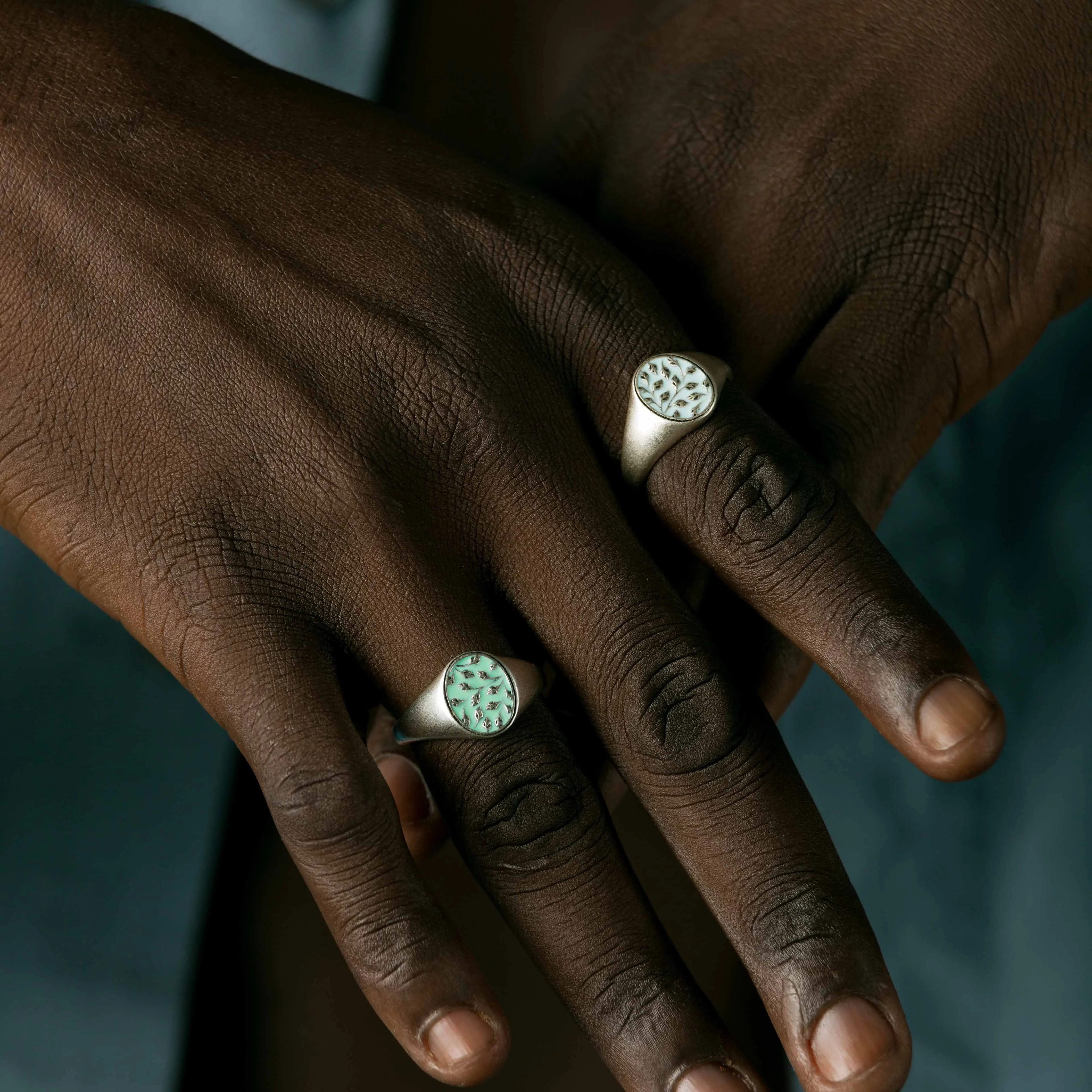 Sterling Silver Floral Oval Signet Ring With Enamel